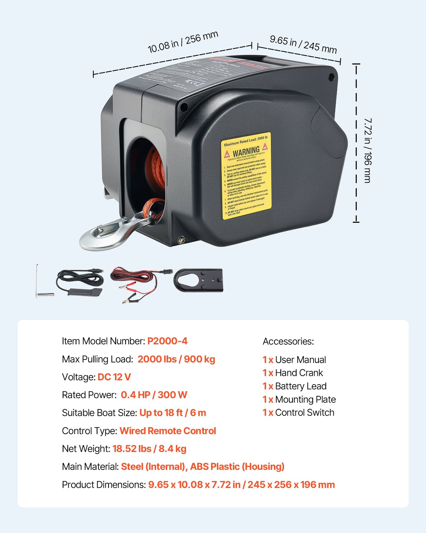 Electric Boat Winch, 12V DC 300W, Reversible Electric Trailer Winch for Boats Up to 2000 lbs, Power-in, Power-Out, and Freewheel Operations for Boats with Wired Remote Control & Hand Crank