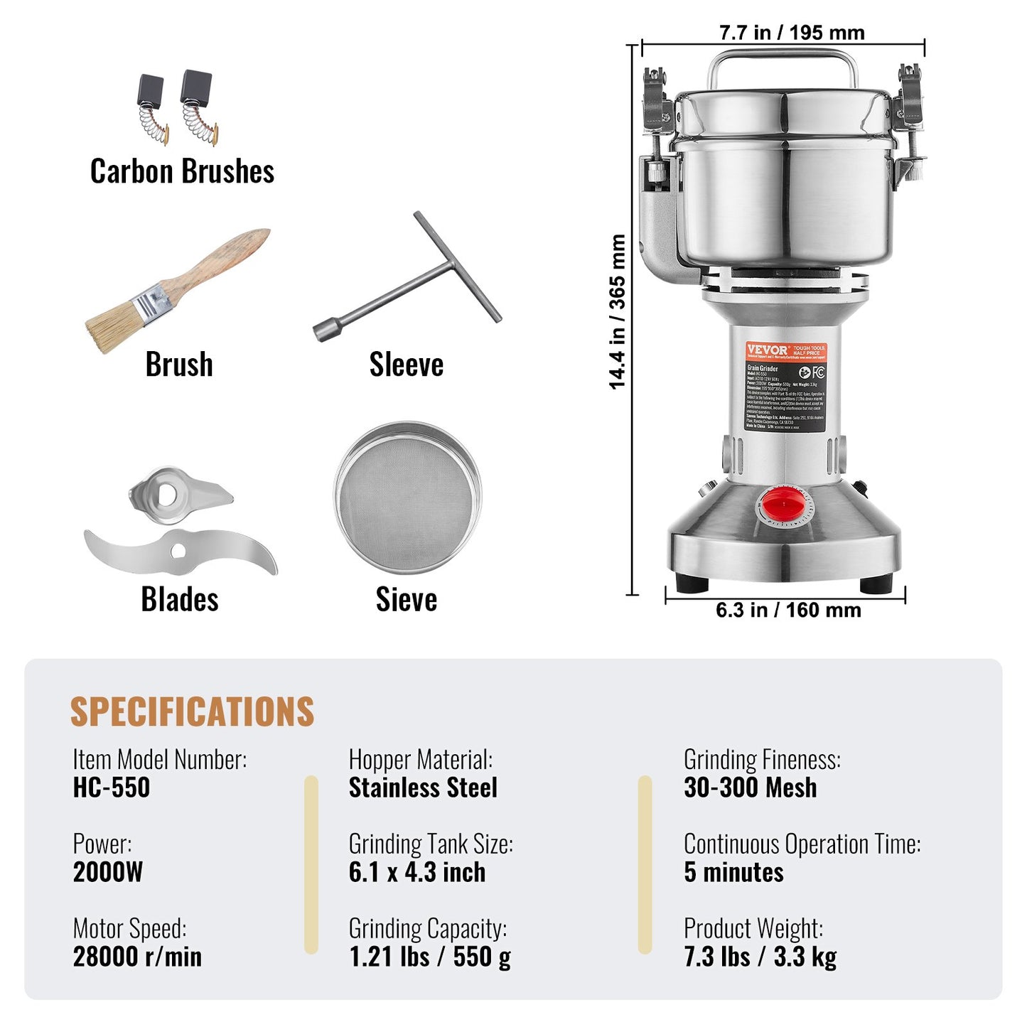 550g Electric Grain Mill Grinder, High Speed 2000W Commercial Spice Grinders, Stainless Steel Pulverizer Powder Machine, for Dry Grains Spices Cereals Coffee Corn Pepper, Straight Type