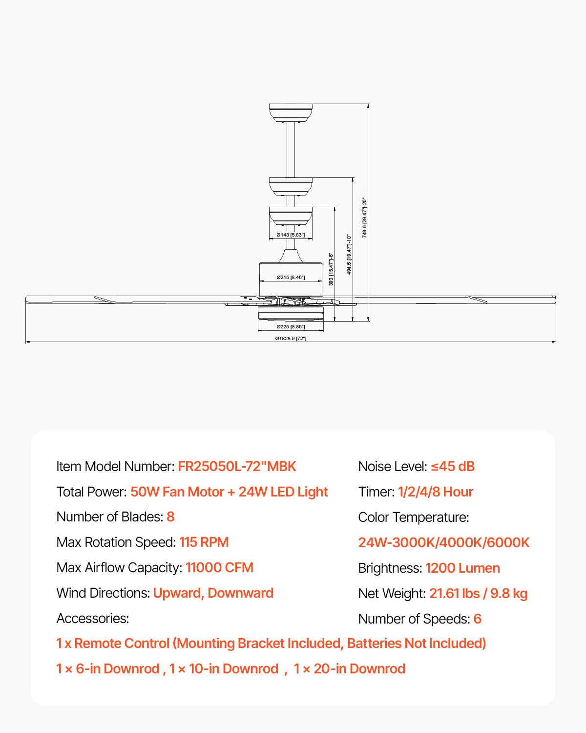 72 Inch Ceiling Fan with Light, 6-Speed Remote Control, Dimmable 3-Color Temperature, Reversible DC Motor, Modern Low Profile Flush Mount Fan for Bedroom, Living Room, Indoor/Outdoor Use, Black