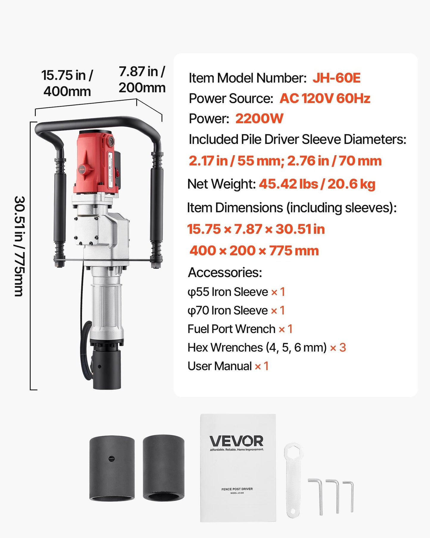 Electric T Post Driver, 2200W Handheld Post Pounder with 2.17 in/55mm, 2.76 in/70mm Sleeves, Powerful Pile Driver for Fence,Metal Fencing, Farm, Garden, Construction, Landscaping Projects