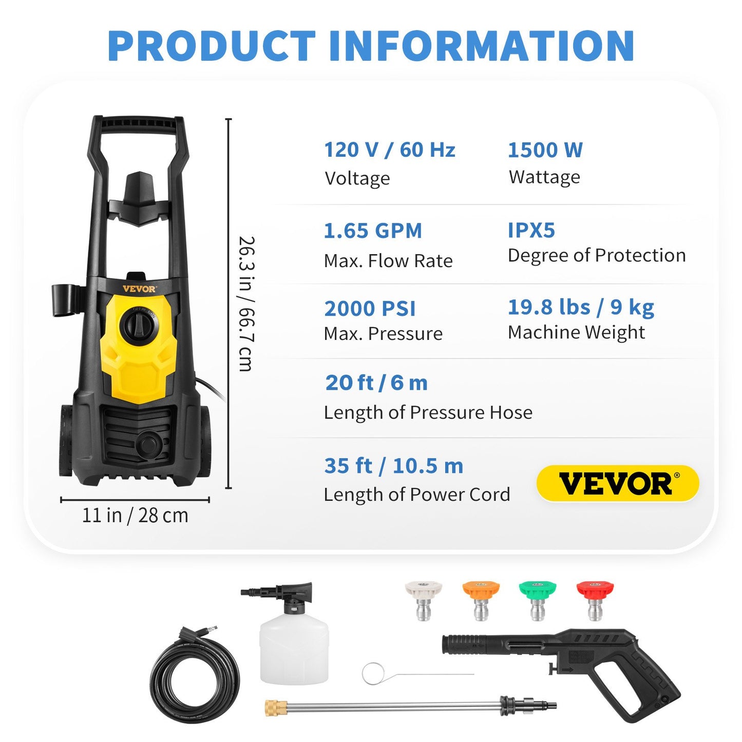 Electric Power Washer, 2000 PSI, Max 1.65 GPM Pressure Washer with 30 ft Hose & Reel, 5 Quick Connect Nozzles, Foam Cannon, Portable to Clean Patios, Cars, Fences, Driveways, ETL Listed