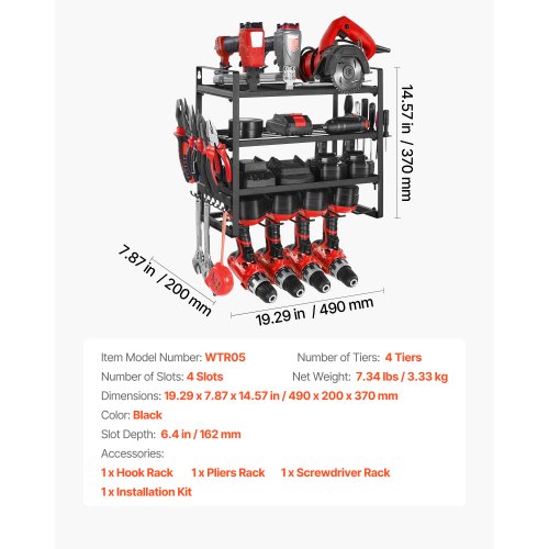 Väggmonterad verktygsorganisatör, 4-lagers förvaringsställ med 4 borrhållare, verktygshållare och förvaringsställ med skruvmejselhållare, verktygsorganisatör för garage, arbetsbänk och verkstad | EU
