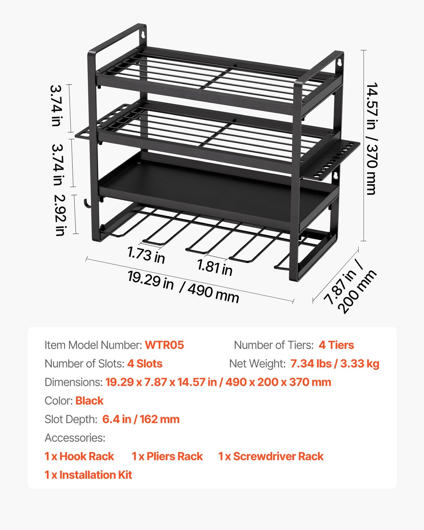 Power Tool Organizer Wall Mount, 4-Layer Storage Rack with 4 Drill Holders, Tools Holder and Storage Rack with Screwdriver Holder, Garage Tool Organizer for Garage, Workbench, and Workshop