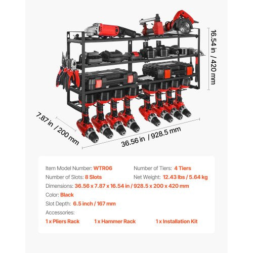 Väggmonterad verktygsorganisatör, 4-lagers förvaringsställ med 8 borrhållare, verktygshållare och förvaringsställ med skruvmejselhållare, verktygsorganisatör för garage, arbetsbänk och verkstad | EU