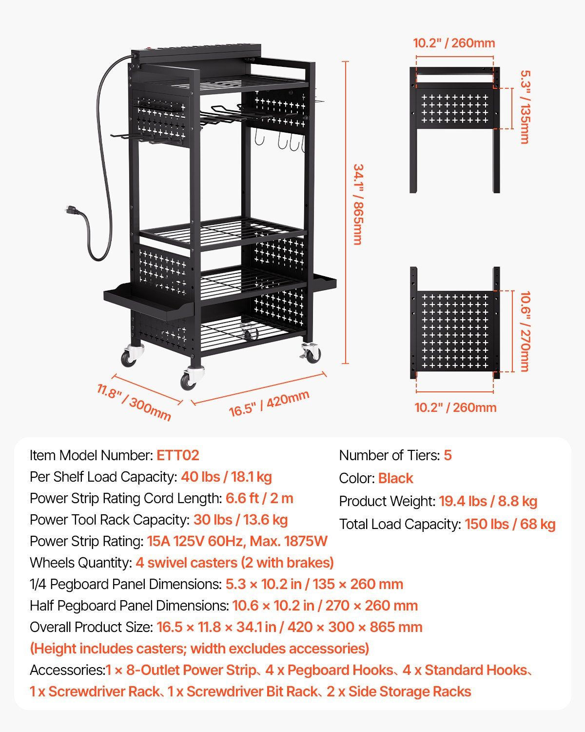 5-tier Tool Organizer Cart with Charging Station, 8 AC Outlet, Floor Stand Rolling Drill Holder and Tool Battery Storage Rack on Wheels, Garage Floor Rolling Storage Cart for Workshop, Garage