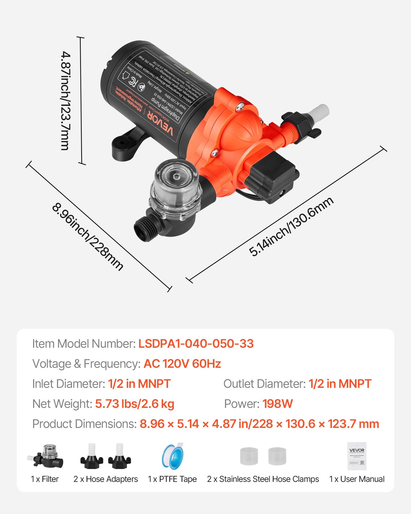 Water Pressure Pump, 110V AC 4 GPM, 3-Chamber On Demand Electric Diaphragm Water Transfer Pump, 45 PSI Max Pressure, Automatic Pressure Switch, for Home Kitchen Garden Irrigation Car Washing