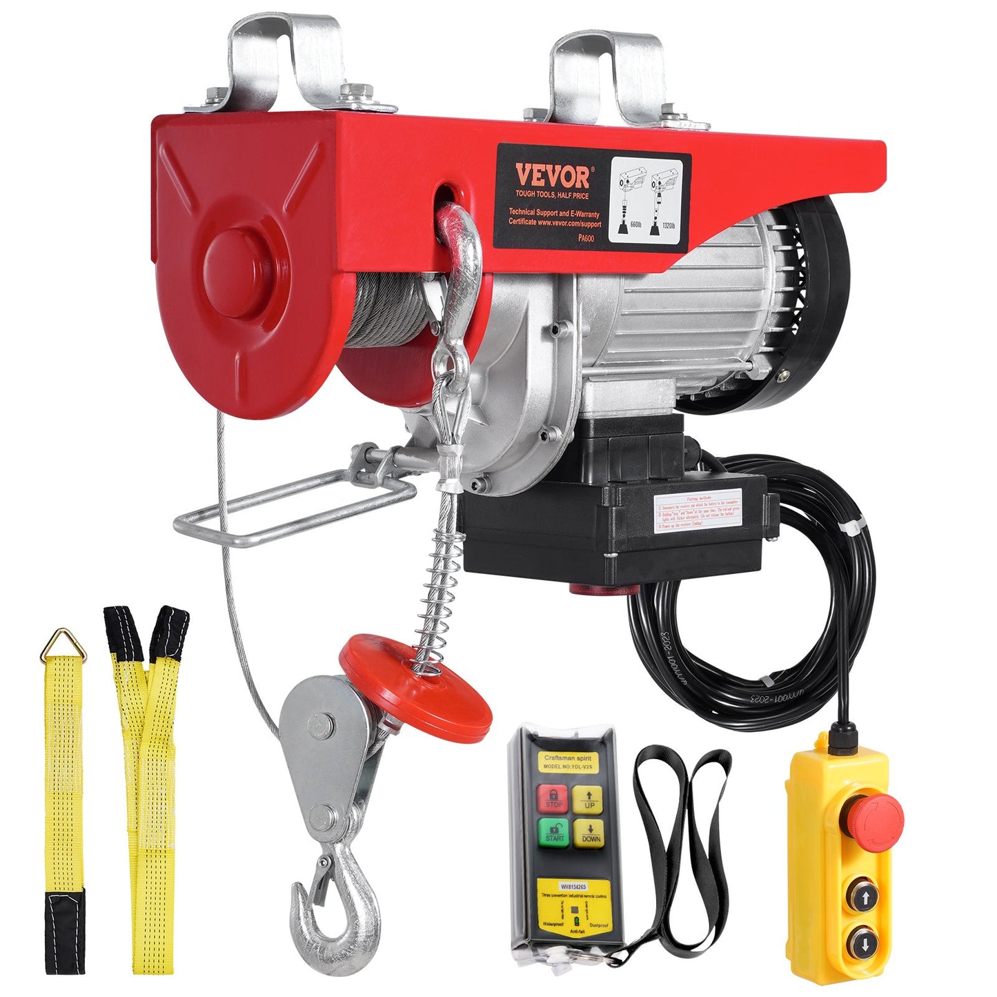 Electric Hoist Crane Winch 1320 lbs 328 ft Wireless & 14 ft Wired Remote