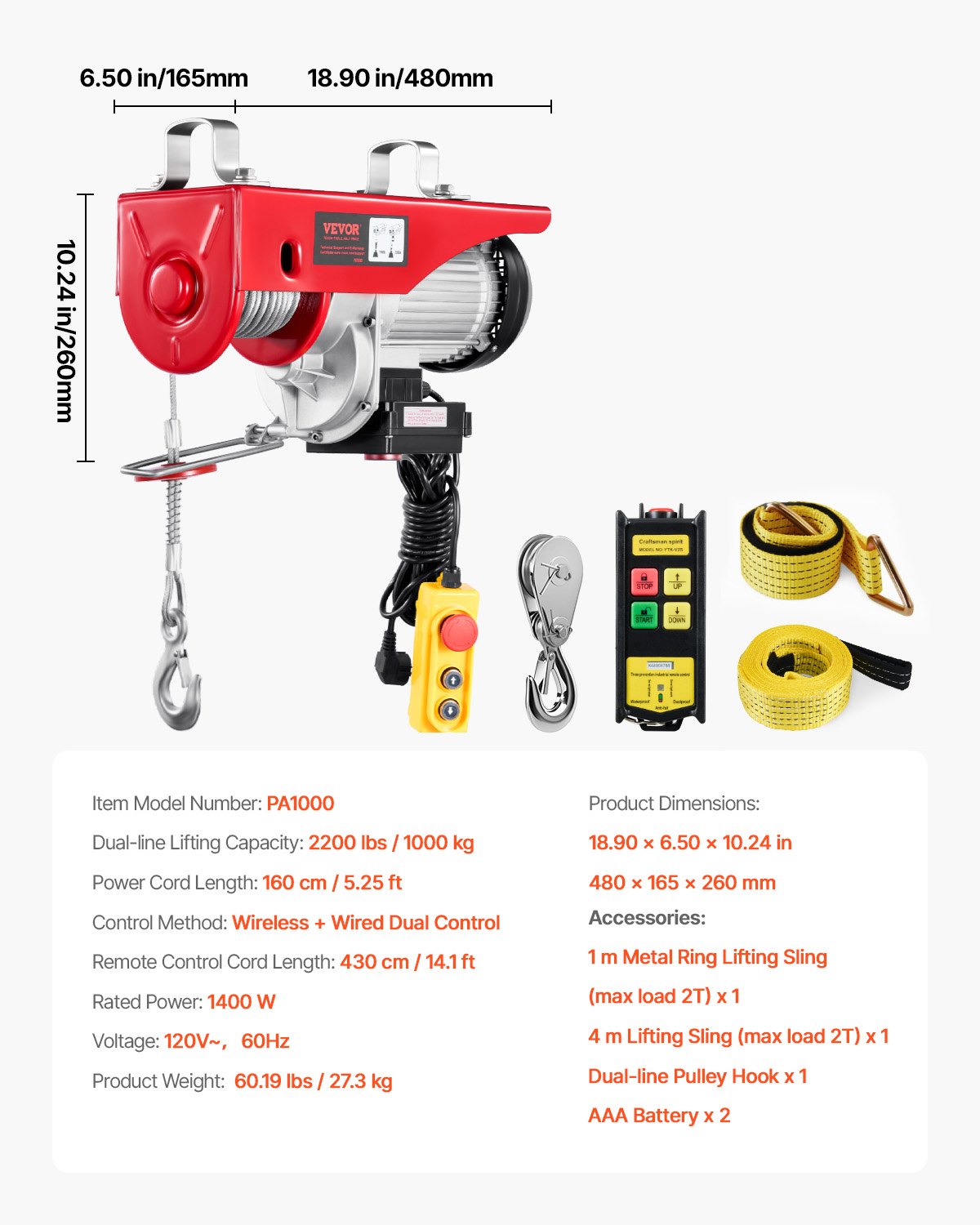 Electric Hoist, 2200 lbs 120V Electric Winch with 328 ft Wireless & 14 ft Wired Remote Control, 40 ft Single Cable Lifting Height, Single/Double Slings, Lift Hoist for Garage Warehouse Factory