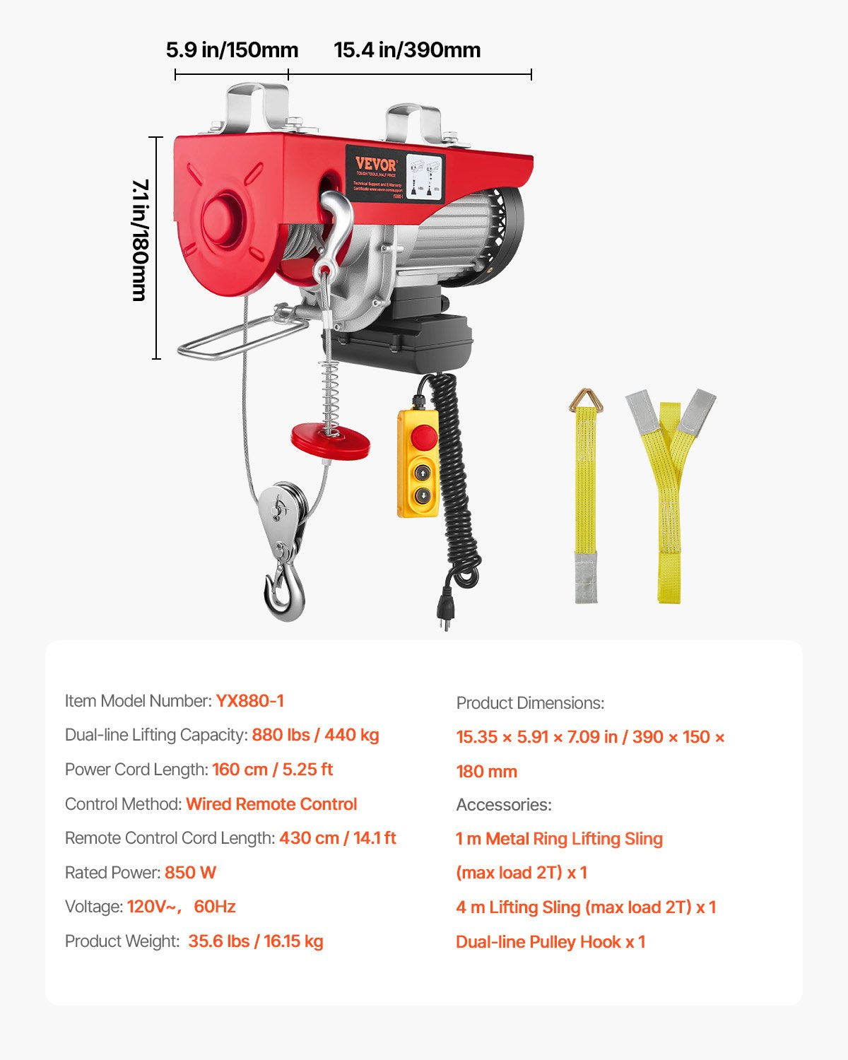 880lbs Electric Hoist with 14ft Wired Remote Control, 110V Electric Hoist Attic Lift 20-40 FT Lifting Height for Garage Attic Warehouse Factory