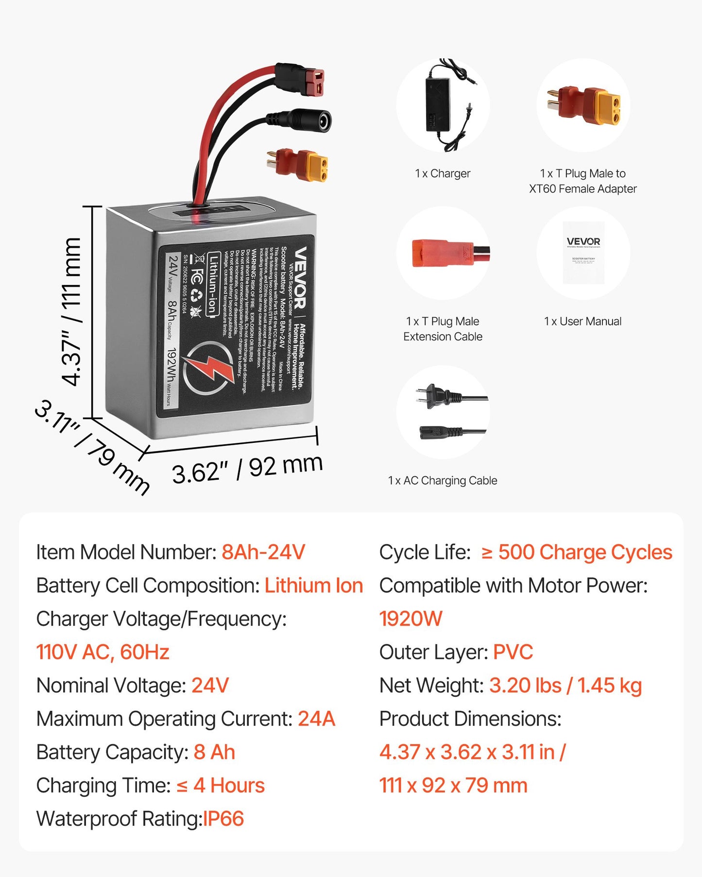 24V Electric Scooter Battery, 8Ah, Ebike Lithium Battery Pack with 30A BMS, Charger, T-Plug Expansion Cable, 500+ Cycles, Compatible with 1920W Motors, for Electric Bikes Bicycles, Scooters