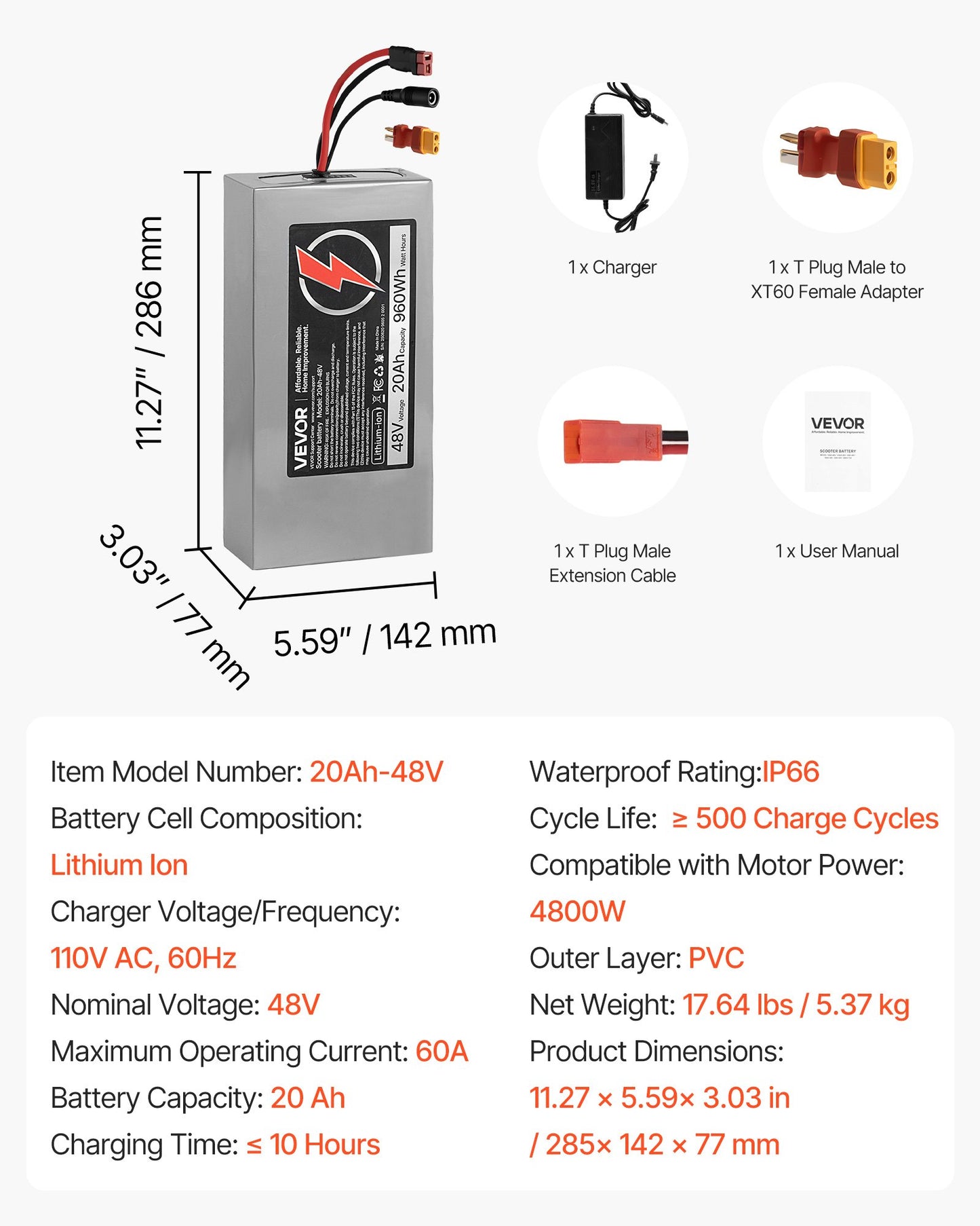 48V Electric Scooter Battery, 20Ah, Ebike Lithium Battery Pack with 30A BMS, Charger, T-Plug Expansion Cable, 500+ Cycles, Compatible with 4800W Motors, for Electric Bikes Bicycles, Scooters