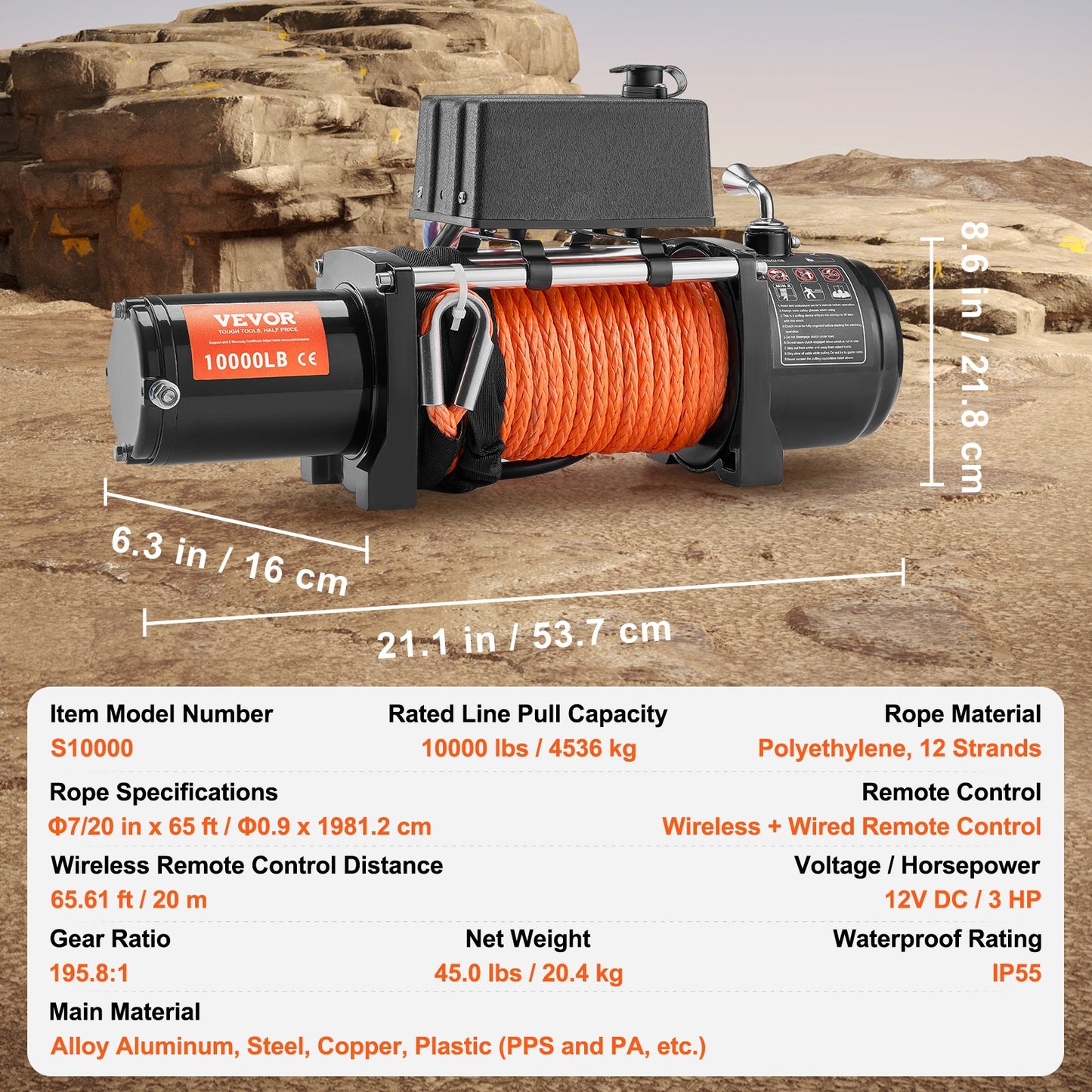 Electric Winch, 10,000 lb, 12V DC Truck Winch with Φ7/20 in x 65 ft Synthetic Rope Aluminum Fairlead Wireless & Wired Remote Control, IP55 Waterproof for Towing Off-Road SUV Jeep Trailer Boat