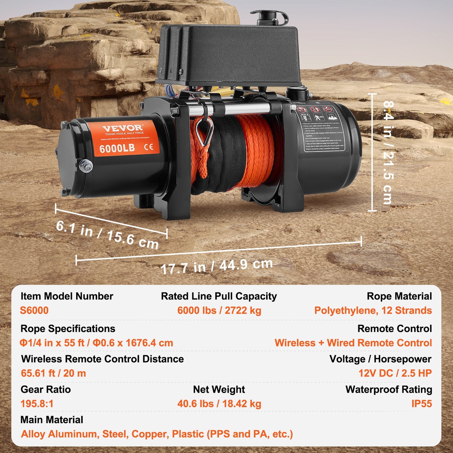 Electric Winch, 6000 lb, 12V DC Truck Winch with Φ1/4 in x 55 ft Synthetic Rope Aluminum Fairlead Wireless & Wired Remote Control, IP55 Waterproof for Towing Off-Road SUV Truck Jeep Trailer Boat