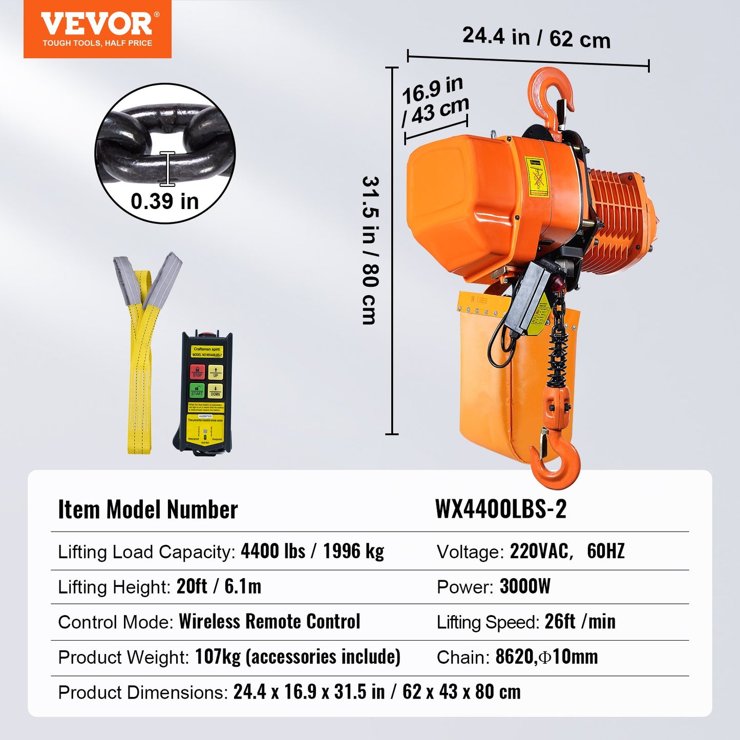 2 Ton Wireless Electric Chain Hoist, 4400 LBS Capacity with 20 FT Lifting Height, IP54 Protection, Three Phase Overhead Crane with G100 Chain