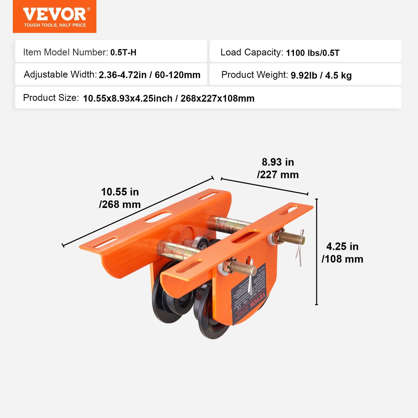 Electric Hoist Manual Trolley, 1100 lbs/0.5 Ton Capacity for PA200 PA250 PA300 PA400 PA500, Push Beam Trolley with Dual Wheels, 2.36"-4.72" Adjustable Flange Width for Straight Curved I Beam