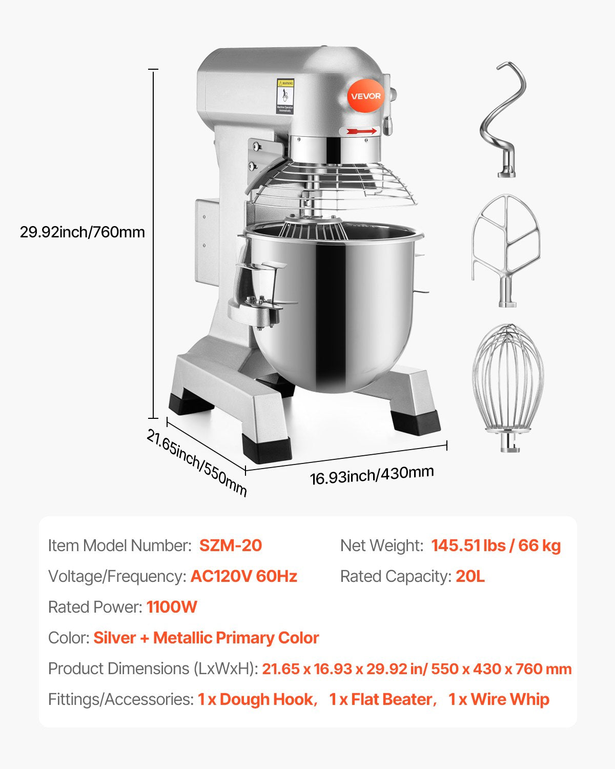 Commercial Food Mixer 20Qt 750W 3 Speeds Adjustable 105 180 and 408 RPM Food Processor Heavy Duty with Stainless Steel Bowl Dough Hooks Whisk Beater for Schools Bakeries Restaurants Pizzeria