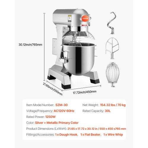 Elektrischer Küchenmixer, 30 l, Küchenmaschine, 1100 W, elektrischer Teigmixer, 220 V, verstellbar, gewerblicher Mixer, Mahlwerk, gewerblicher Standmixer für gewerbliche Küchen | EU