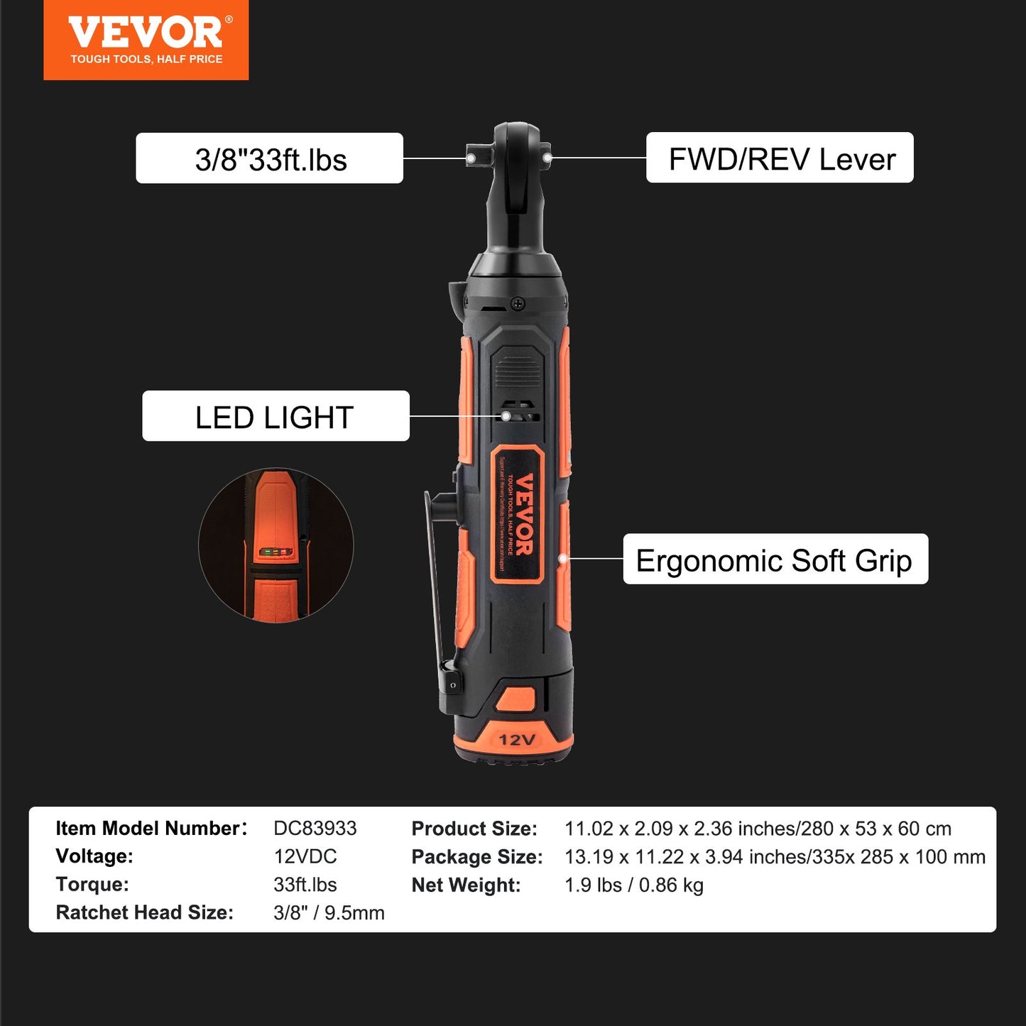 3/8" Cordless Electric Ratchet Wrench Set, 12V 33 Ft-lbs Power Ratchet Tool Kit, 45-Min Fast Charge, 2-Pack 2.0Ah Battery, Built-in LED Light, Variable Speed Trigger, 10 Sockets