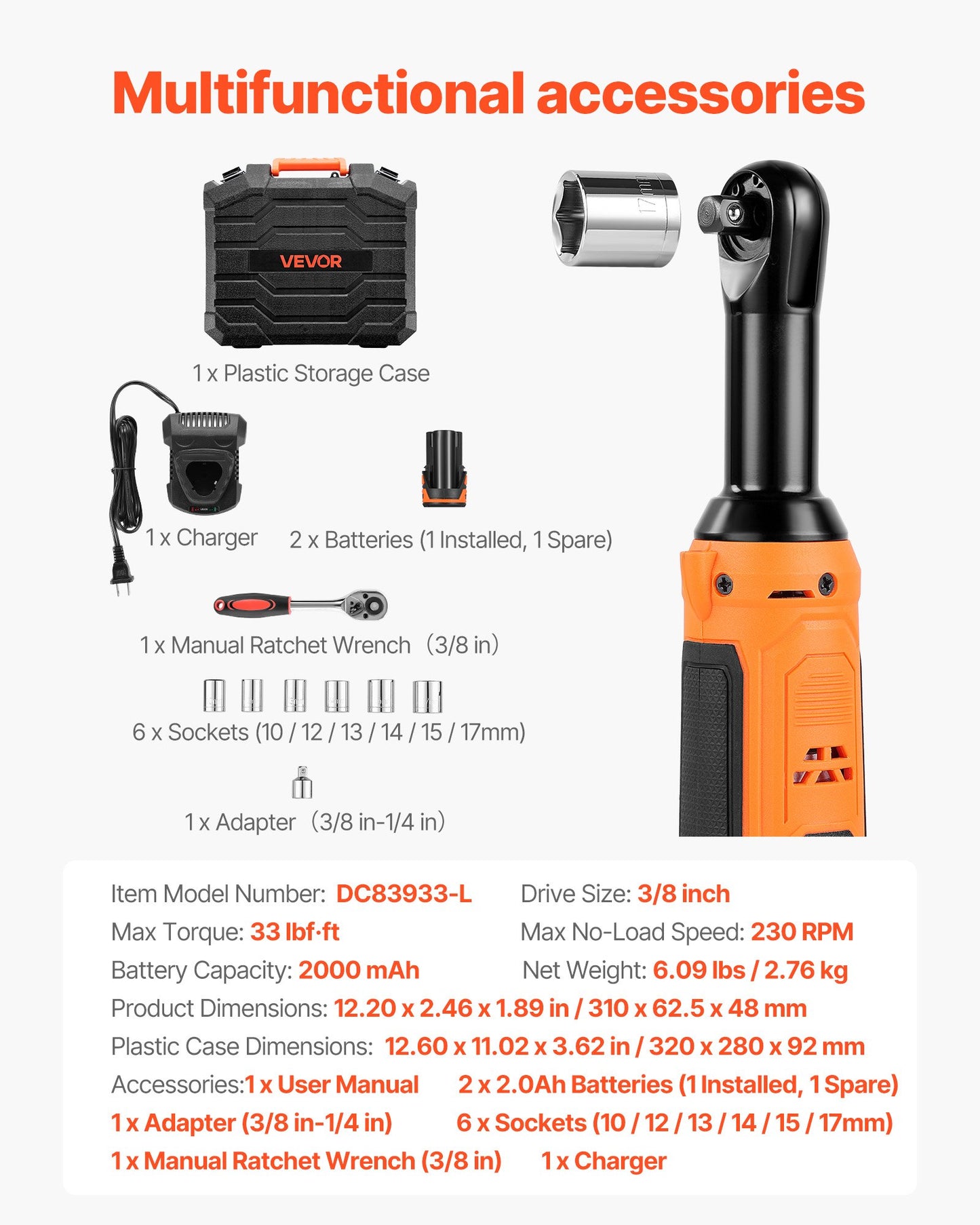 Cordless Ratchet Wrench, 3/8 inch Drive, 230 RPM, up to 33 ft-lbs of Torque, Battery Powered Electric Ratchet Wrench Set with Two 2.0Ah Batteries, Charger, Sockets, Adaptor and Carrying Case