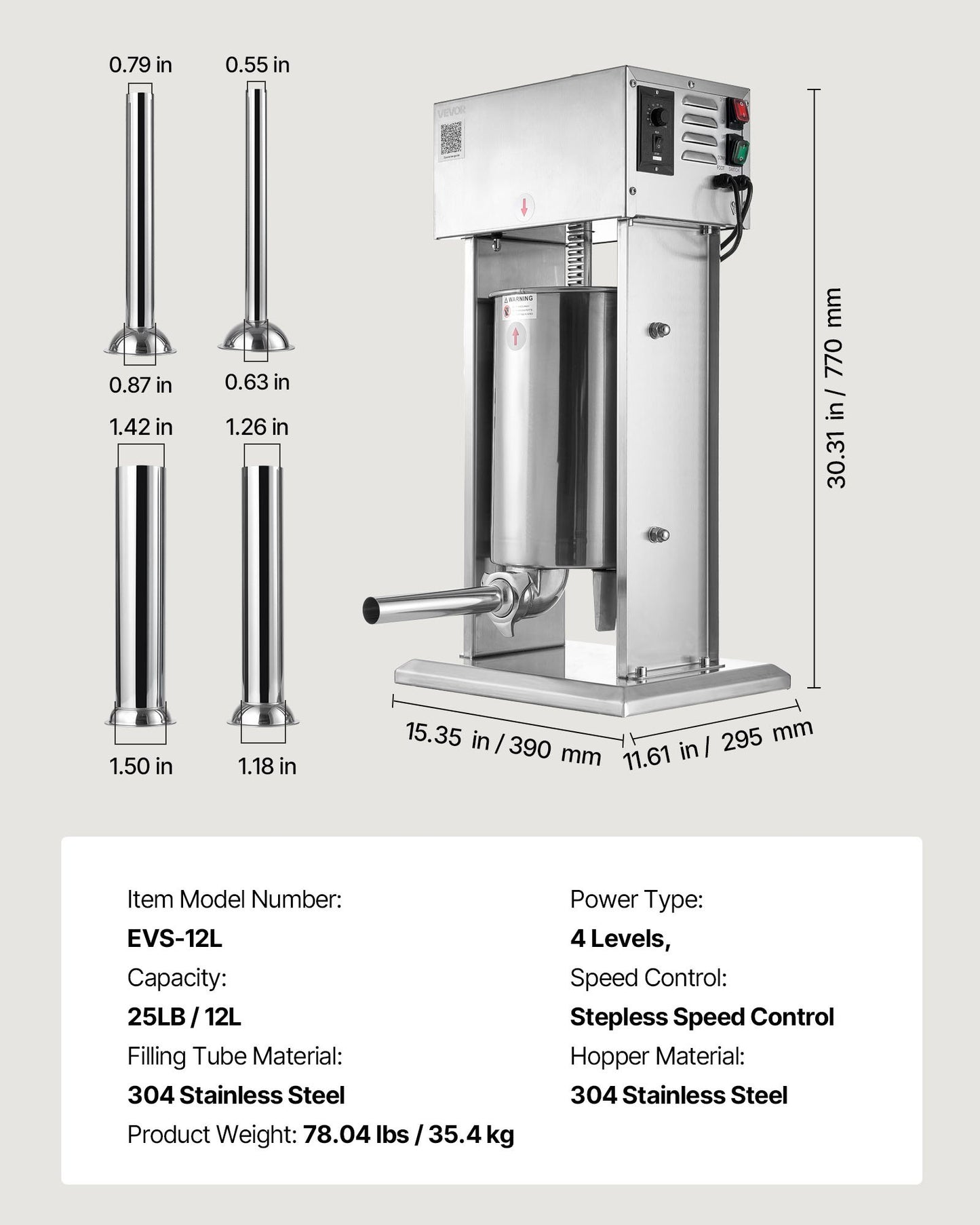 Electric Sausage Stuffer, 25 LBS / 12 L Vertical Meat Stuffer, Stepless Speed Control and Foot Pedal, Stainless Steel Heavy Duty Sausage Filler with 4 Stuffing Tubes, for Commercial & Home Use
