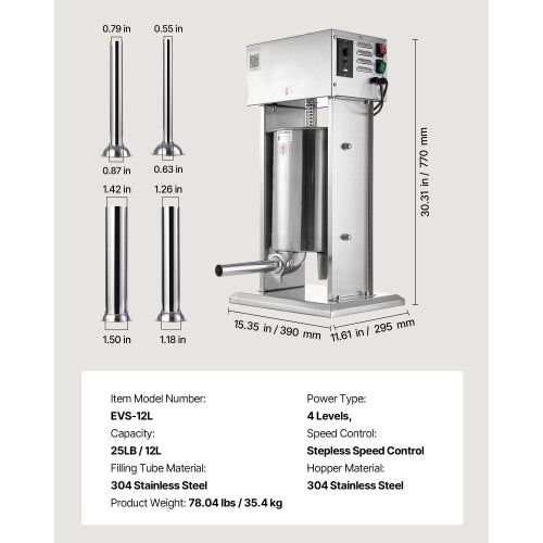 Elektrisk Korvfyllare, 12 L Vertikal Köttfyllare, Steglös Hastighetskontroll och Fotpedal, Robust Korvfyllare i Rostfritt Stål med 4 Fyllningsrör, För Kommersiellt & Hembruk | EU