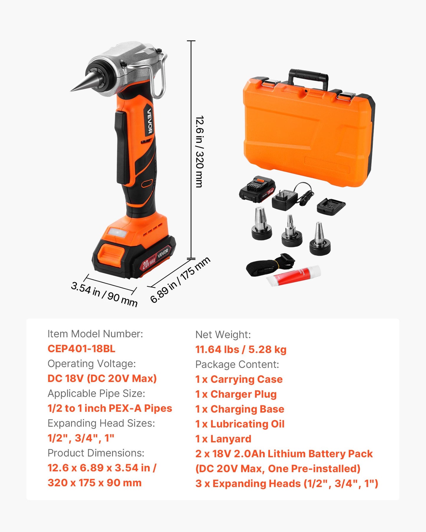Cordless Tube Expander, 20V Max Electric Tubing Expansion Tool for 1/2", 3/4", 1" PEX-A Pipes, 22000RPM Pipe Expander with 3 Expanding Head, 2pcs 2AH Battery, Fast Charger & Carrying Case