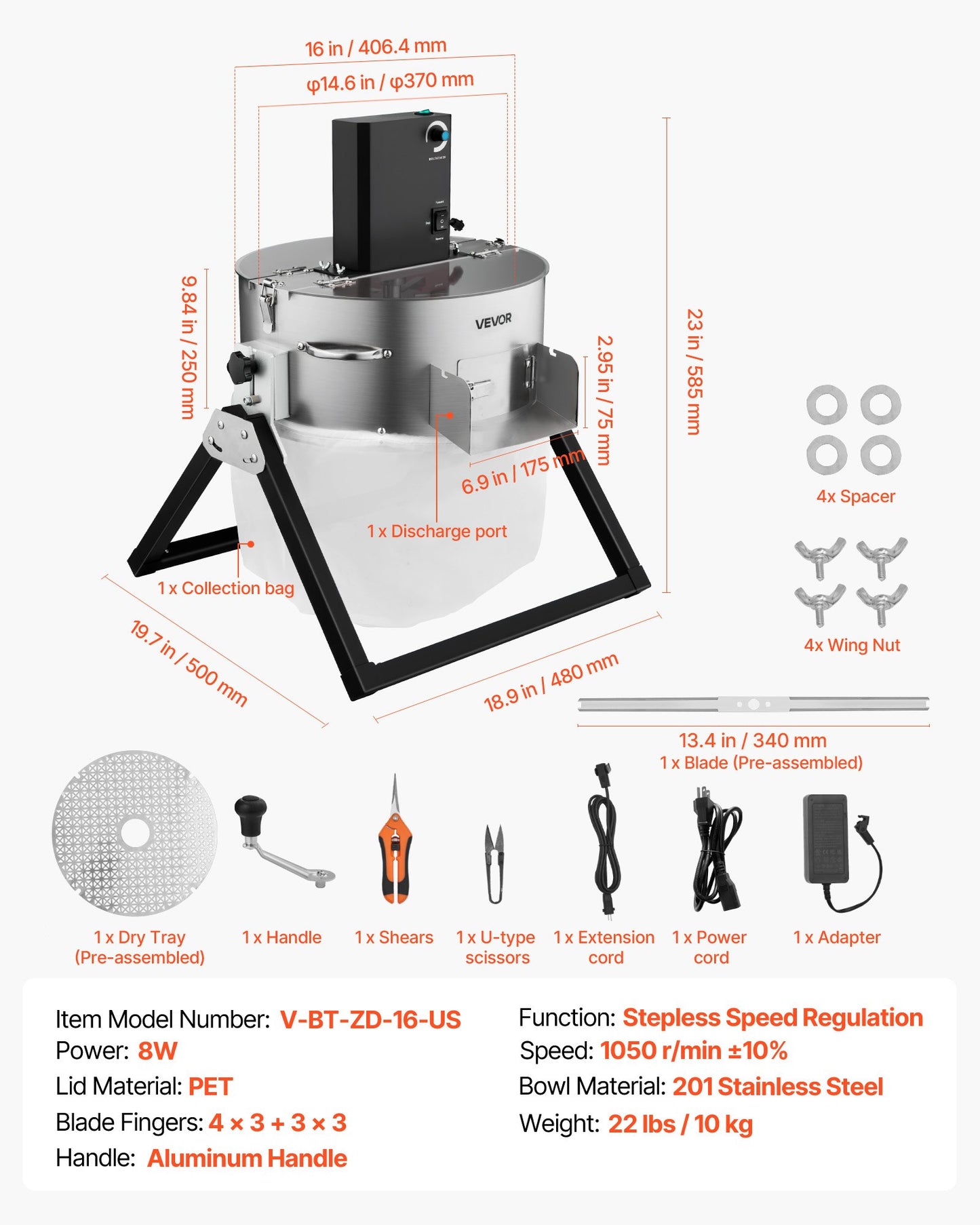 Electric Bud Leaf Trimmer, 2-in-1 Manual & Electric, 16 in Bud Trimmer with Sharp Stainless Steel Blades, Bracket Type Wet Dry Hydroponic Cutting Machine with Dry Grate, for Plant Buds Flowers