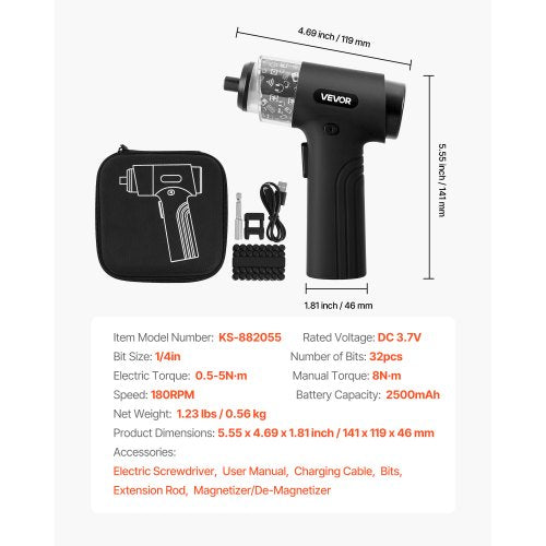 Elektrisk Skruvmejsel, 7 Vridmomentinställningar 0,5-5 Nm, 2500mAh Batteri, Sladdlös Skruvmejselsats med 32 Del 1/4-tums Bits, Digital Display, LED-Lampa, Typ-C Laddning, För Möbelreparationer | EU