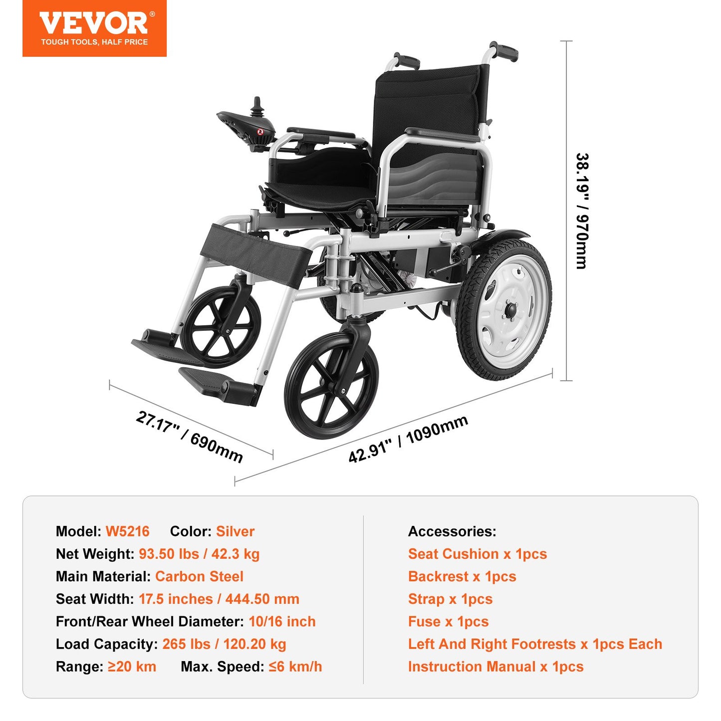 Electric Wheelchair for Adults Seniors, 265 lbs Weight Capacity, 17.5in Width Lightweight Foldable Motorized Power Wheelchairs, UP to 12.5Miles Range All Terrain Power Chair, Adjustable Backrest