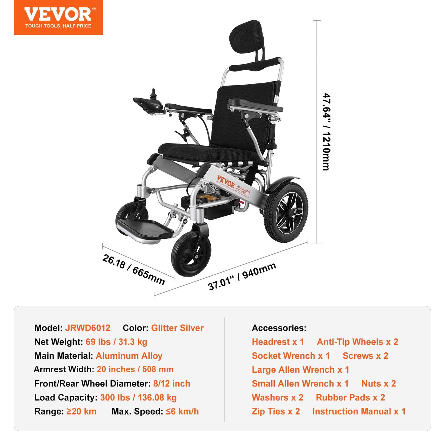 Electric Wheelchair for Adults Seniors, 300 lbs Weight Capacity, 20 in Width Lightweight Foldable Motorized Power Wheelchairs, Long Range All Terrain Aluminum Alloy Chair, Adjustable Backrest