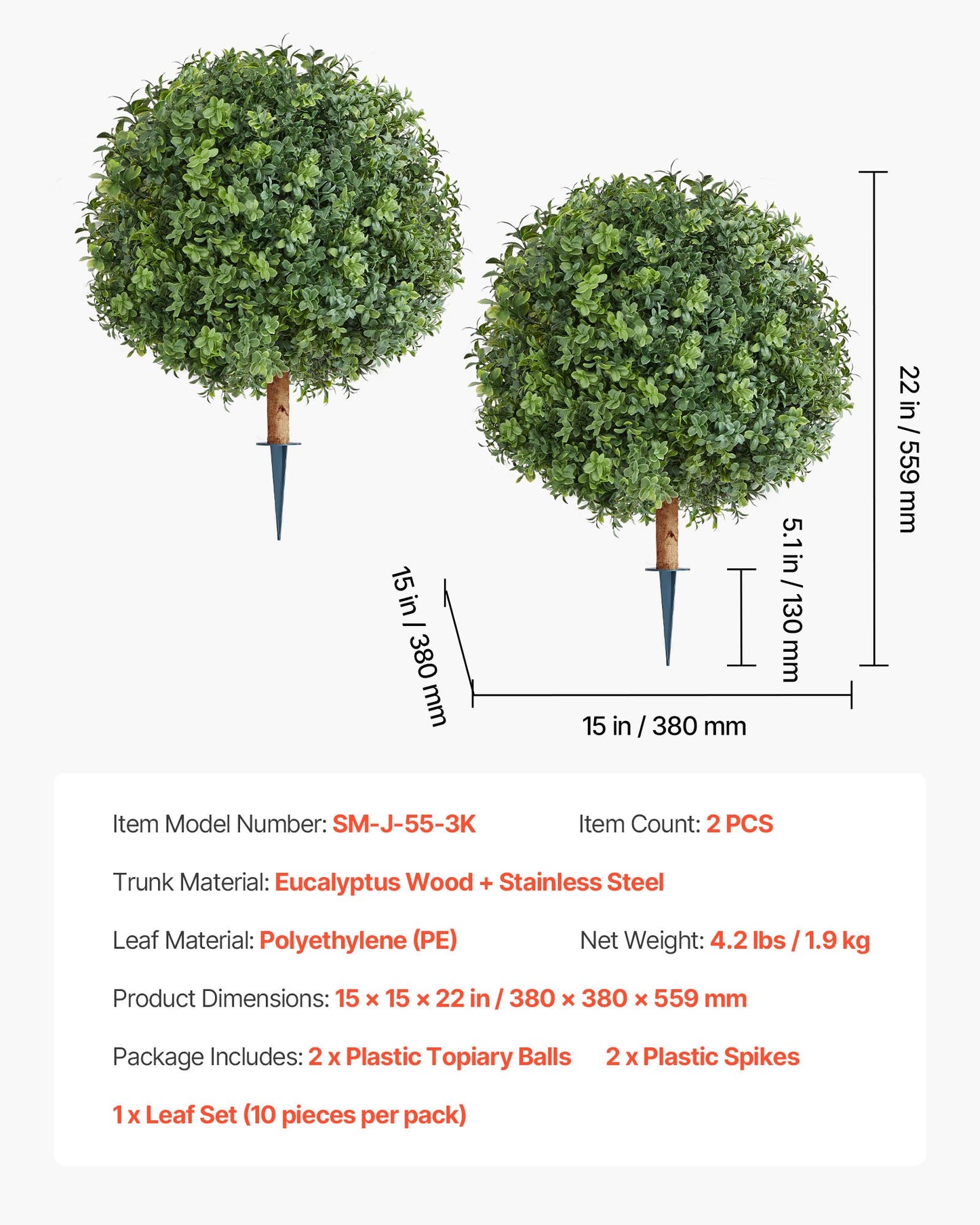 Artificial Topiary Boxwood Trees with Ground Spike, 22 inch 2 Set Faux Shrubs & Bushes Potted Plants, Fake Silk Tree Look Real for Decor Front Porch Outdoor Indoor Patio Garden Balcony Backyard