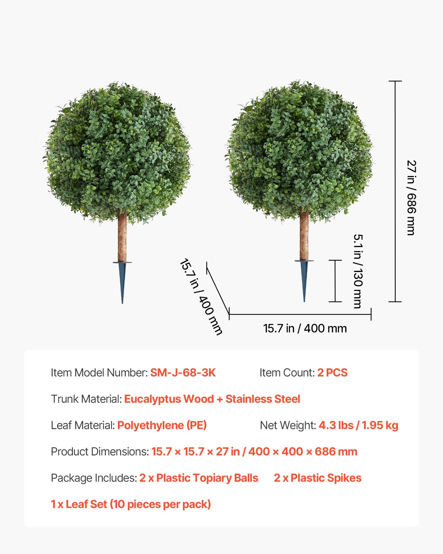 Artificial Topiary Boxwood Trees with Ground Spike, 27 inch 2 Set Faux Shrubs & Bushes Potted Plants, Fake Silk Tree Look Real for Decor Front Porch Outdoor Indoor Patio Garden Balcony Backyard