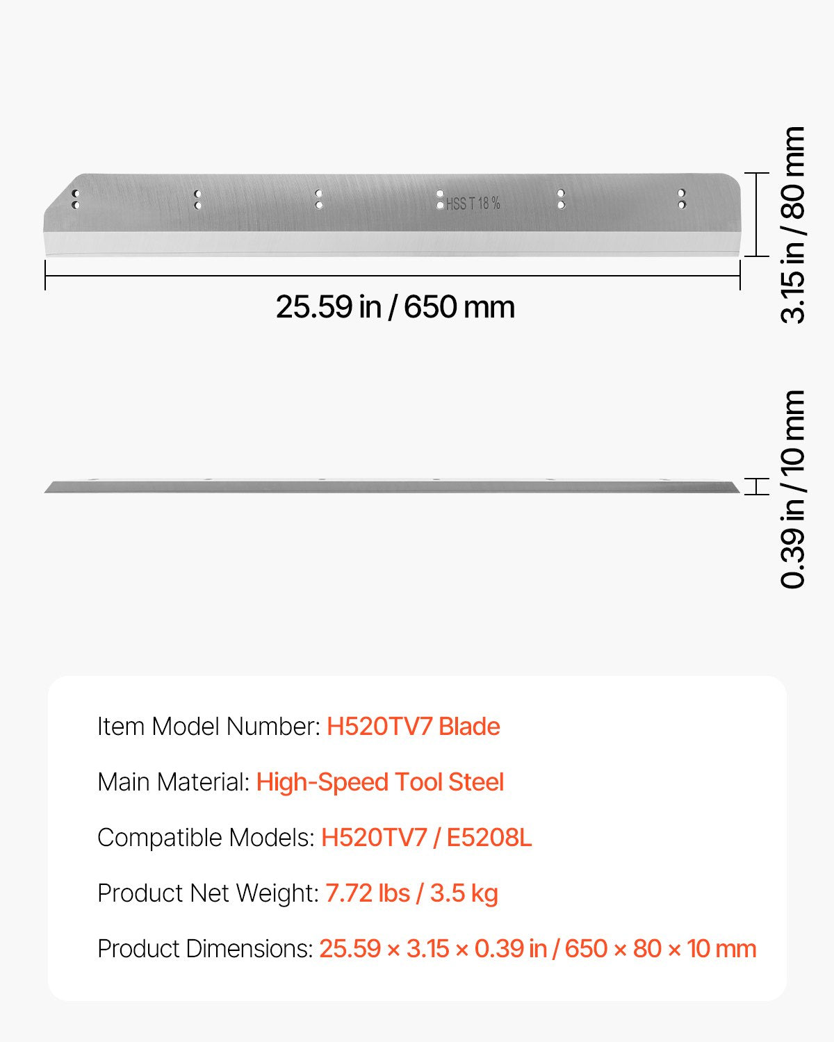 Paper Cutter Blade, Heavy Duty Steel Blade Replacement Suitable for Professional Cutter H520TV7/E5208L, Paper Trimmer Machine Spare Blade,650 x 80 x 10 mm
