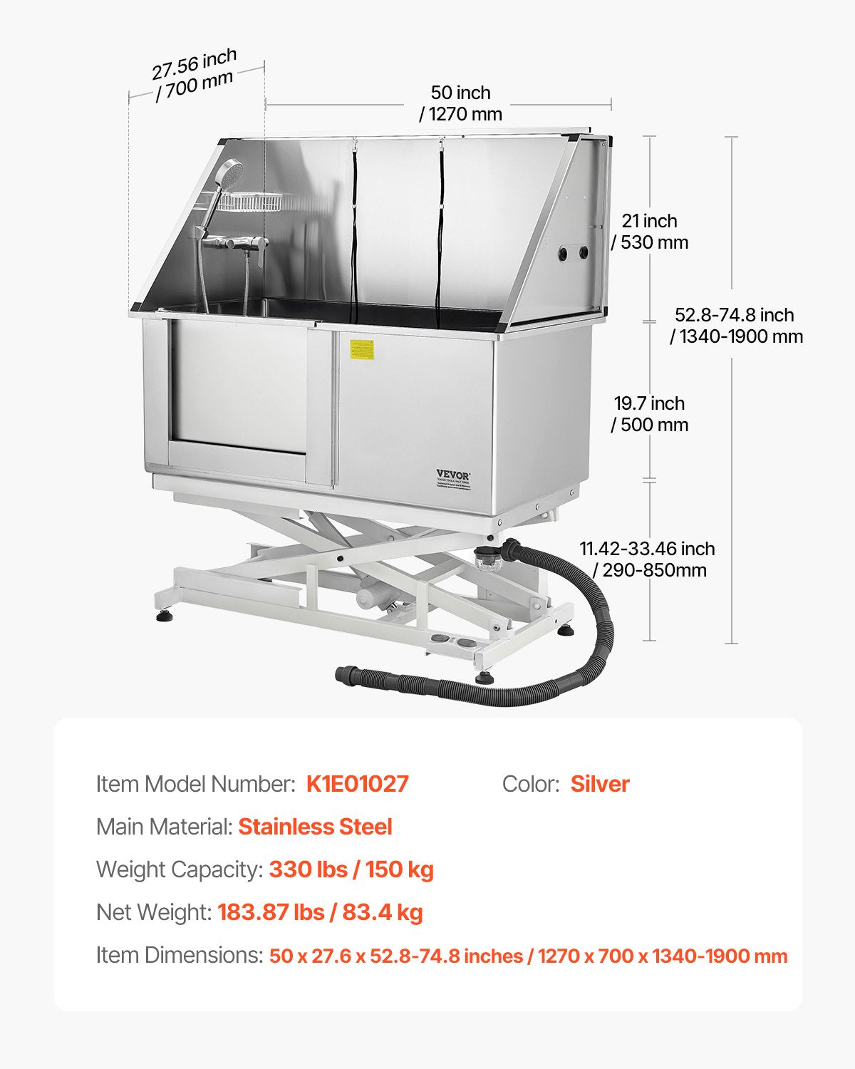 Electric Lift Dog Washing Station, 50 inch Professional Stainless Steel Pet Grooming Tub w/ PE Water Filter Board, Faucet & Showerhead Dog Bathtub Washing Sink for Multiple Pets (Left Door)