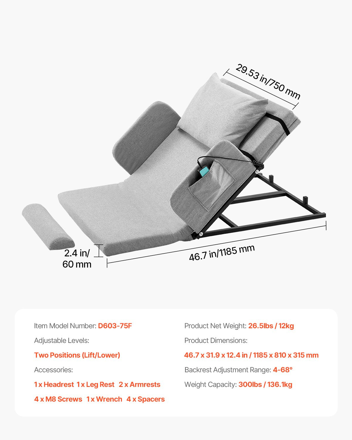Electric Lifting Backrest for Bed, 300 lbs Capacity, 4-68° Adjustable Lifting Bed Backrest, with Guardrail Armrest & Storage Pouch, Machine Washable, for Pregnant Women Elderly Patient Handicap