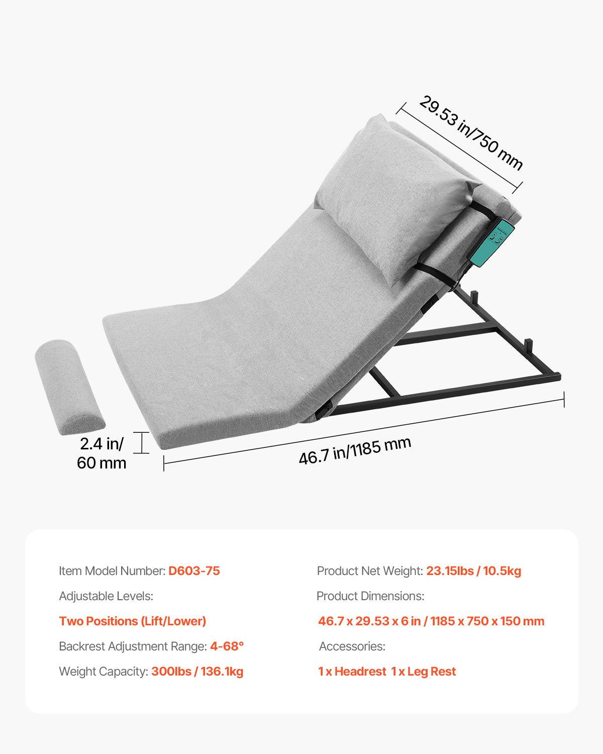 Electric Lifting Backrest for Bed, 300 lbs Capacity, 4-68° Adjustable Lifting Bed Backrest, with Headrest & Legrest, Machine Washable for Cleaning, Fit Pregnant Women Elderly Patient Handicapped