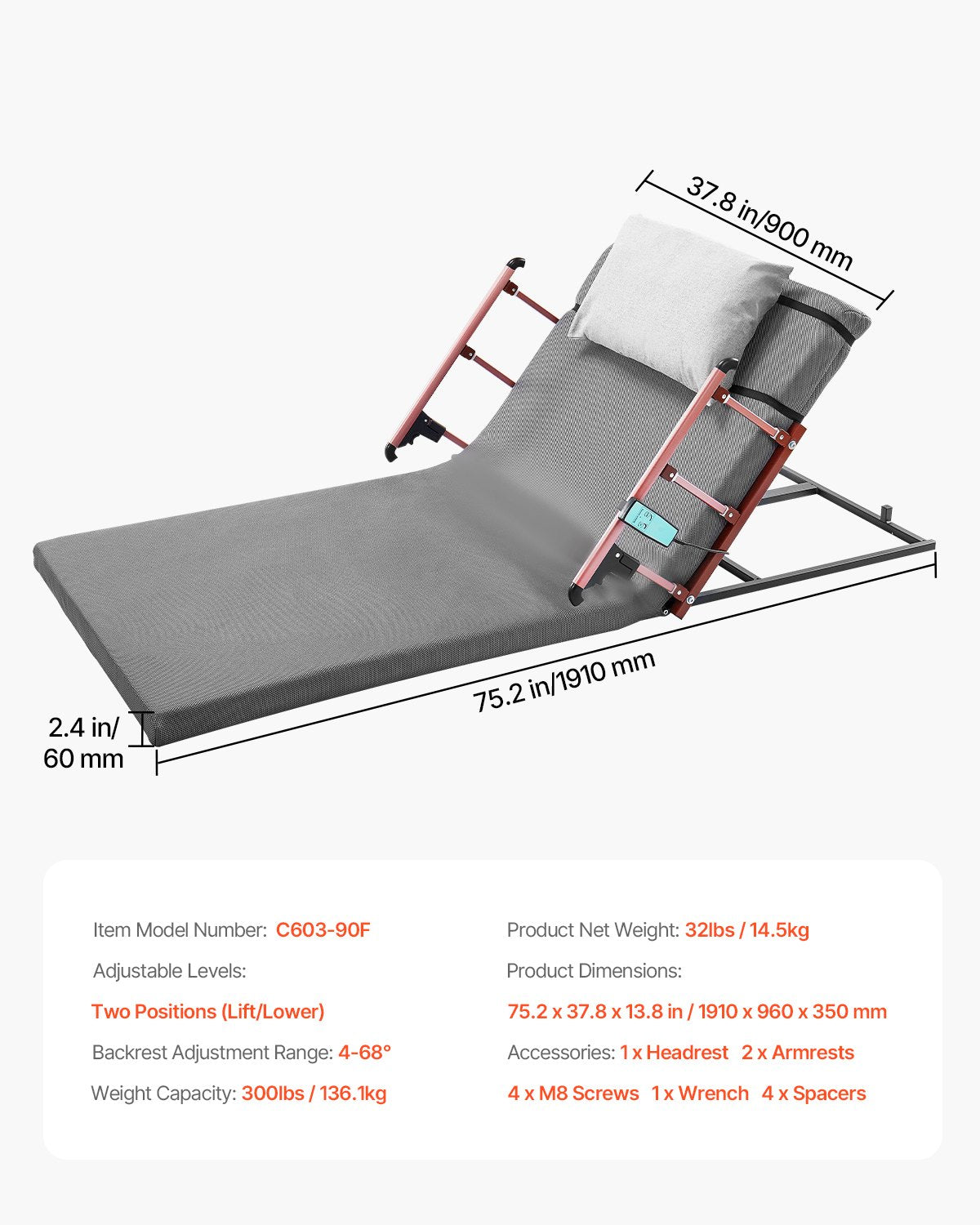 Electric Lifting Backrest for Bed, 300 lbs Capacity, 4-68° Adjustable Lifting Bed Backrest, with Folable Guardrail & Headrest, Machine Washable, Assist Pregnant Women Elderly Patient Handicap