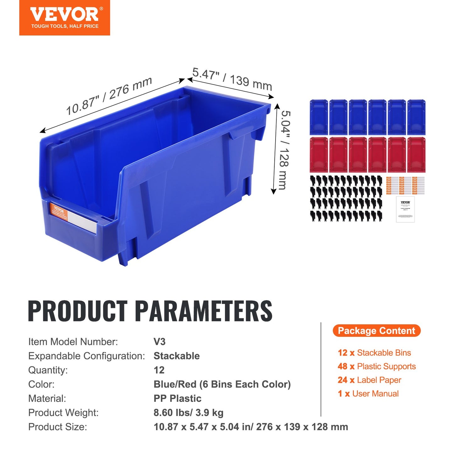 Plastic Storage Bin, (11-Inch x 5-Inch x 5-Inch), Hanging Stackable Storage Organizer Bin, Blue/Red, 12-Pack, Heavy Duty Stacking Containers for Closet, Kitchen, Office, or Pantry Organization