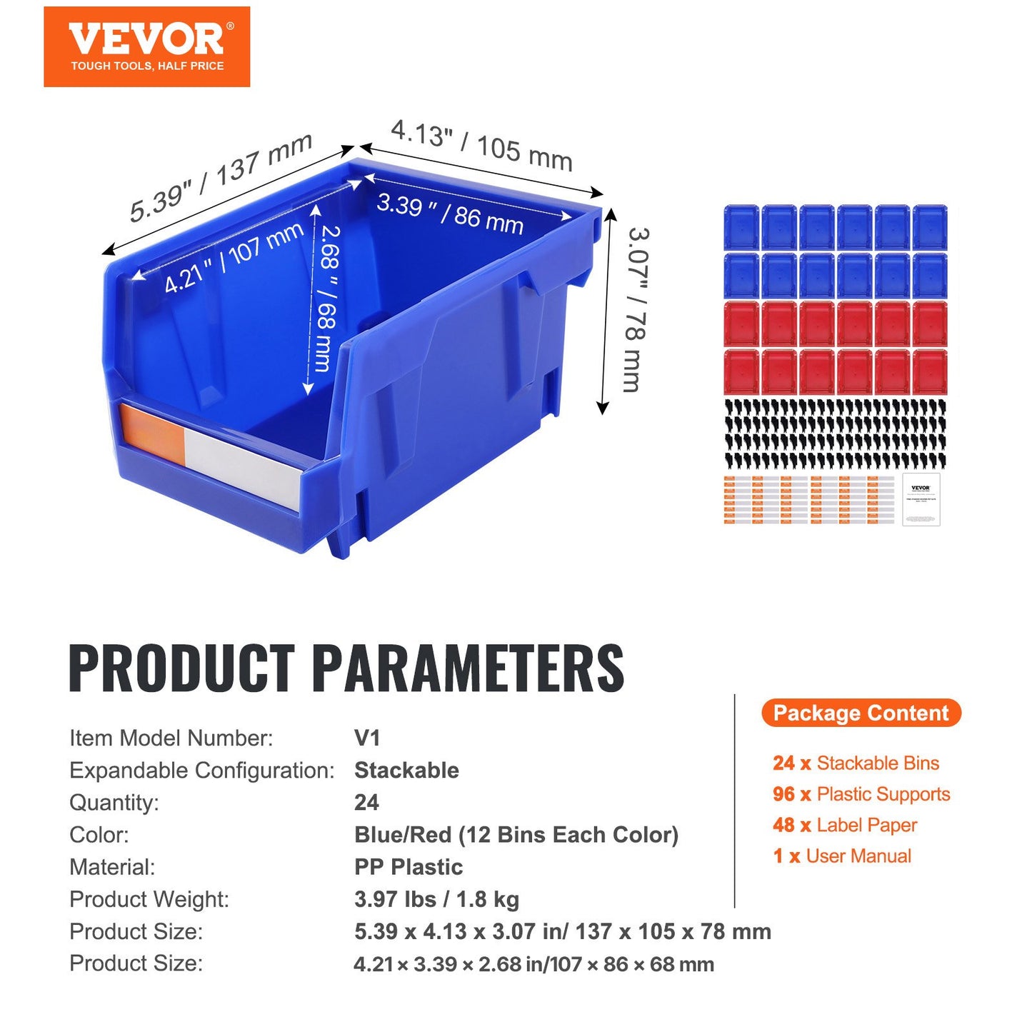 Plastic Storage Bin, (5-Inch x 4-Inch x 3-Inch), Hanging Stackable Storage Organizer Bin, Blue/Red, 24-Pack, Heavy Duty Stacking Containers for Closet, Kitchen, Office, or Pantry Organization