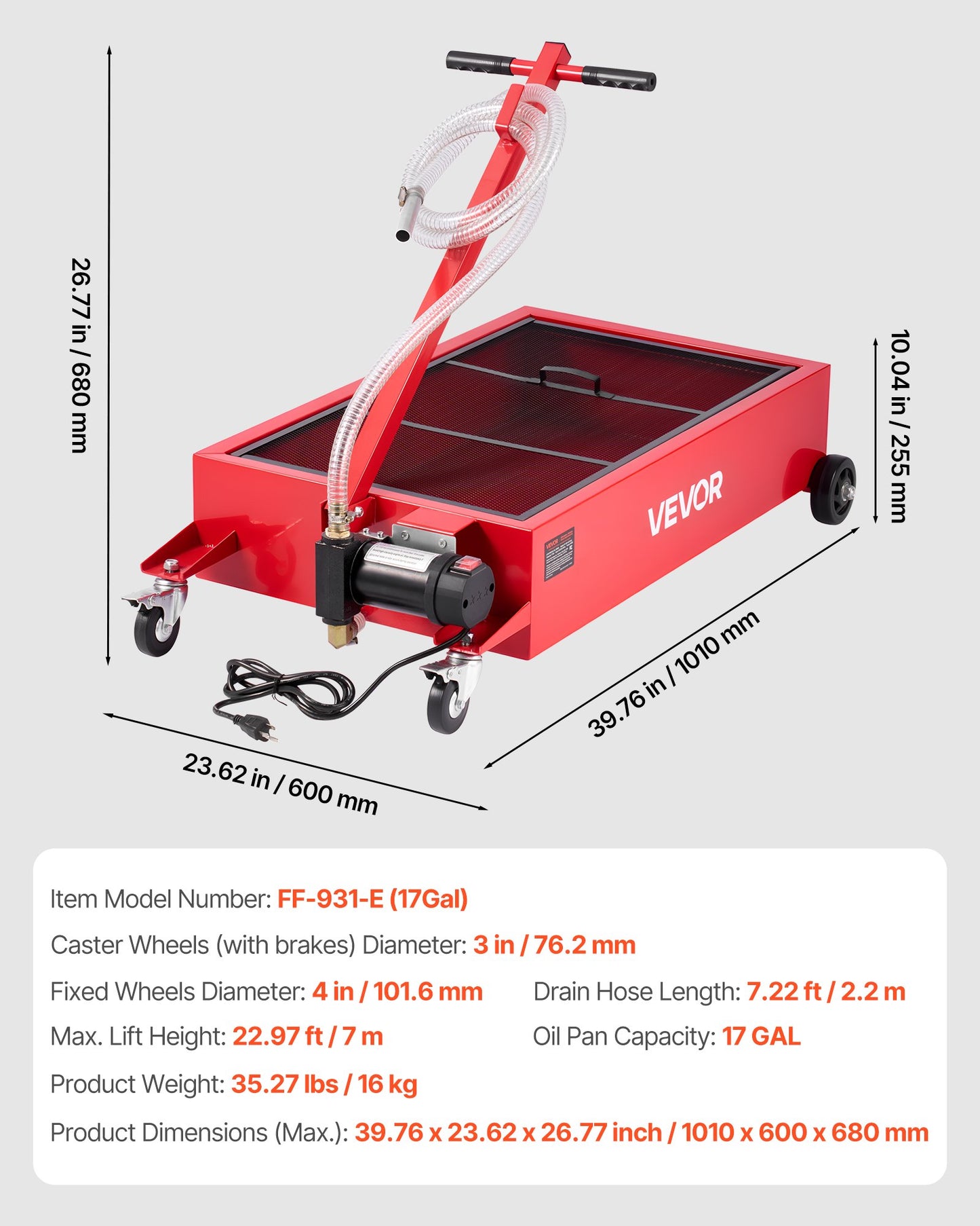 Low Profile Oil Drain Pan, 17 Gallon Capacity, Rolling Oil Drain Pan with Electric Pump, 7.2 ft Hose & T Folding Handle, Leak-proof & Corrosion-resistant, Fit for Cars, SUVs, Trucks, ATVs, Red