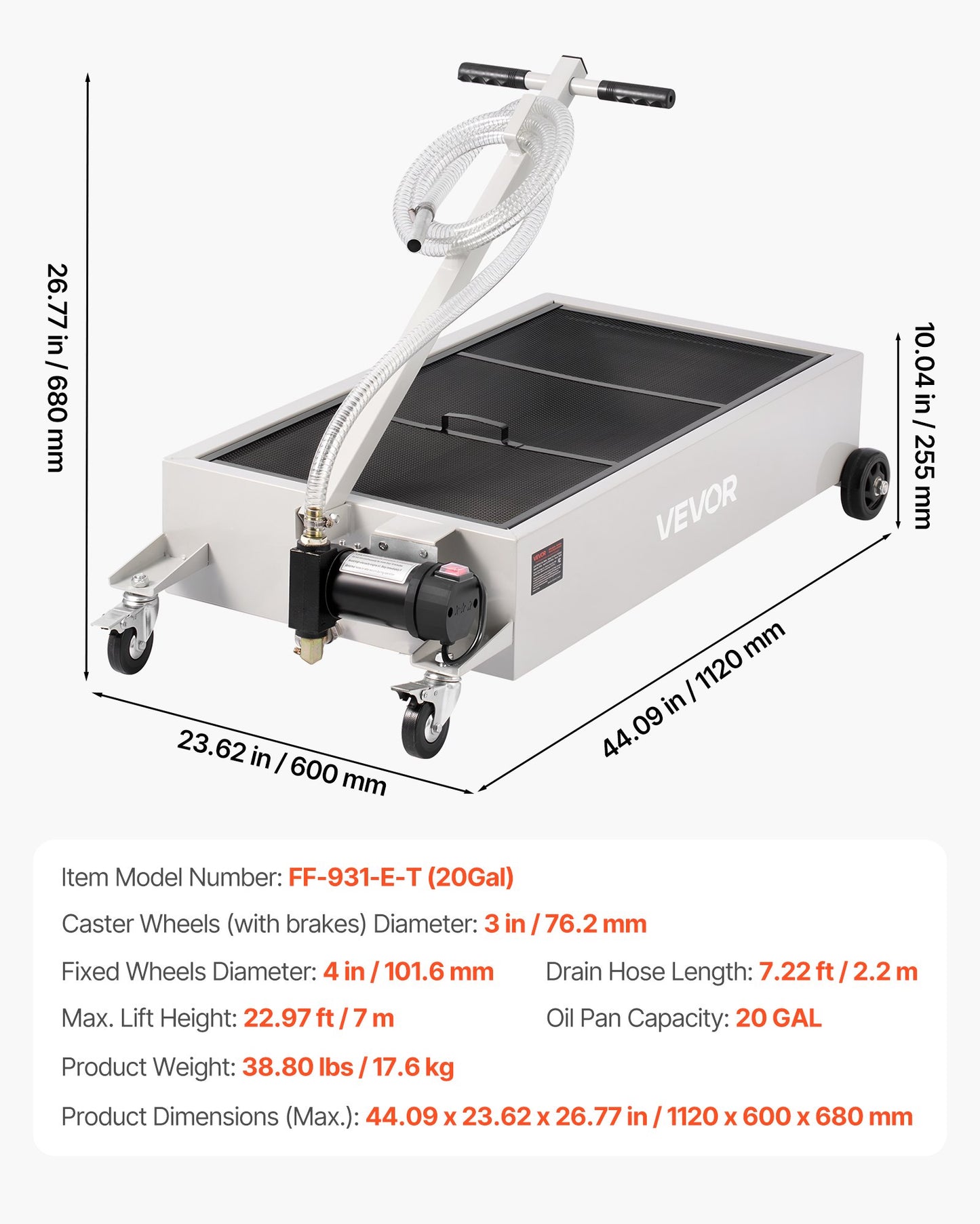 Low Profile Oil Drain Pan, 20 Gallon Capacity, Rolling Oil Drain Pan with Electric Pump, 7.2 ft Hose & T Folding Handle, Leak-proof & Corrosion-resistant, Fit for Cars, SUVs, Trucks, ATVs, White