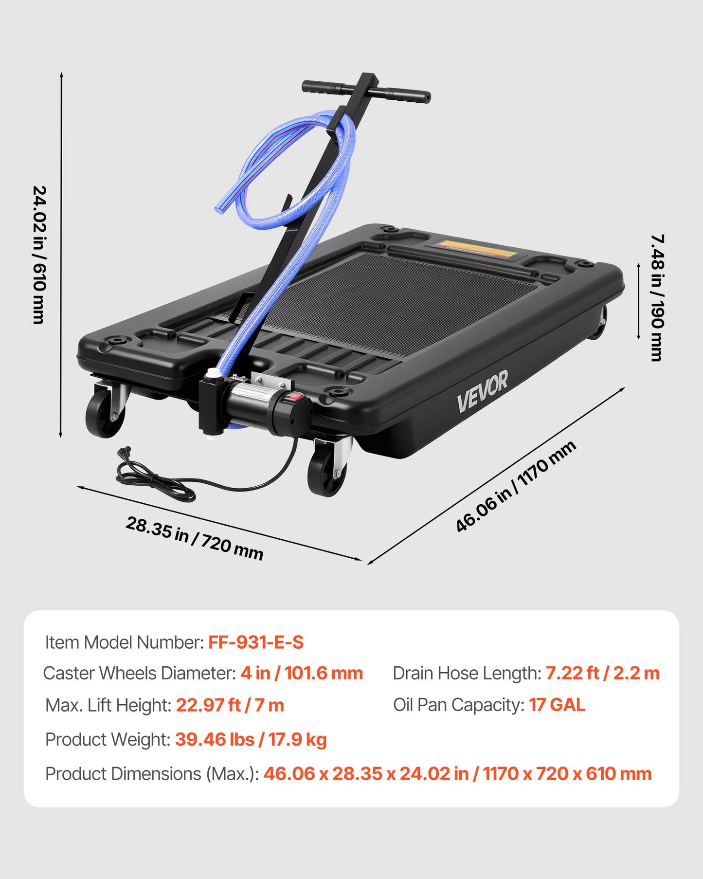 Low Profile Oil Drain Pan, 17 Gallon Capacity, Rolling Oil Drain Pan with Electric Pump, 7.2 ft Hose & T Folding Handle, Leak-proof & Corrosion-resistant, Fit for Cars, SUVs, Trucks, ATVs, Black