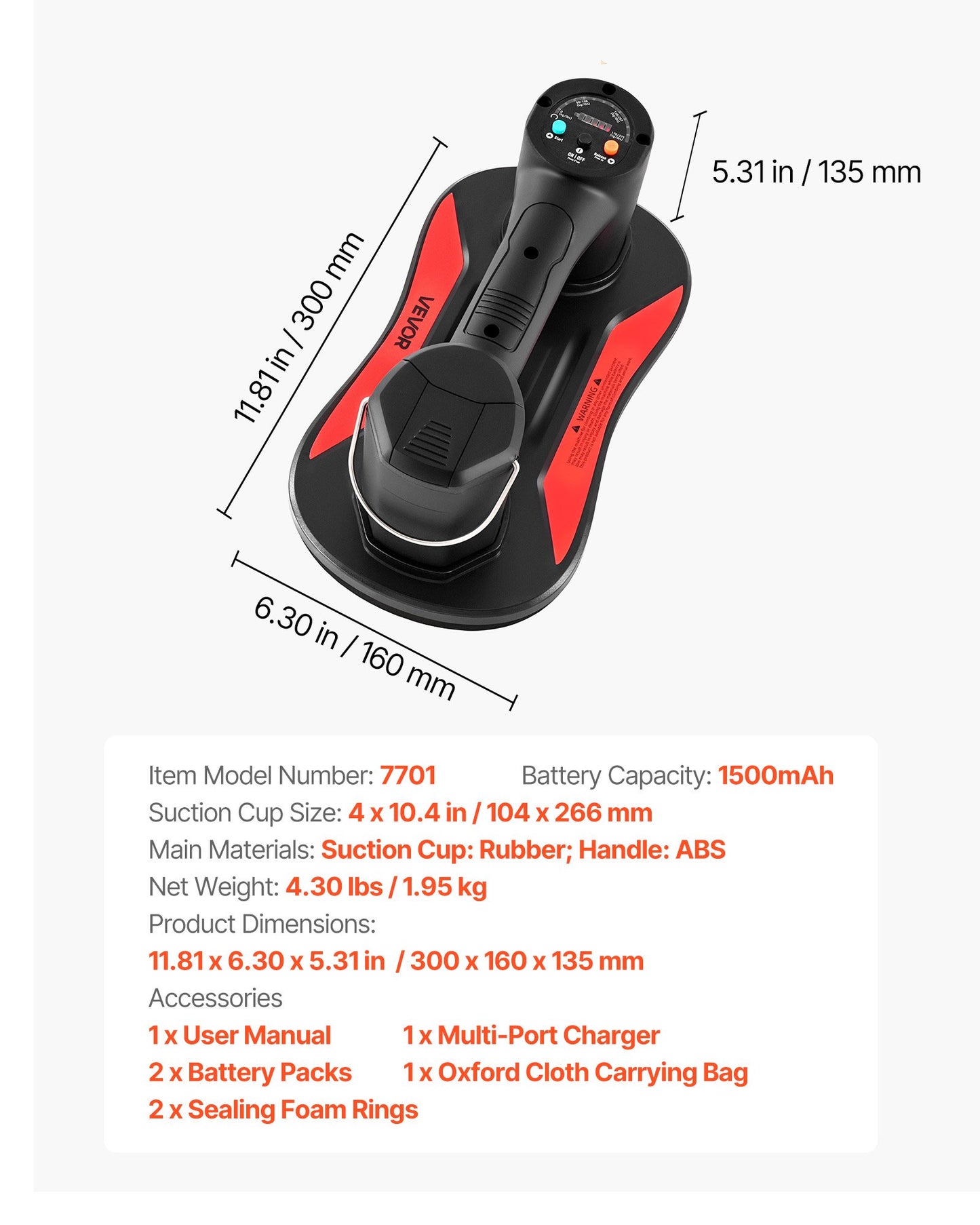 Electric Vacuum Suction Cup, 375 lbs Max Lifting Capacity, Vacuum Glass Lifter with Digital Display, Heavy Duty Tile Suction Cup Tool for Lifting Tile, Granite, Wood, Paver, Drywall, Windows