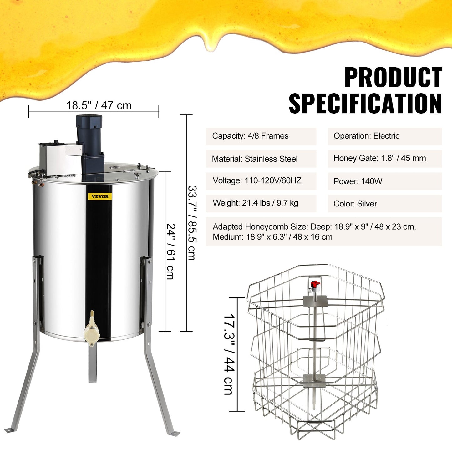 Electric Honey Extractor, 4/8 Frames Honey Spinner Extractor, Stainless Steel Beekeeping Extraction, Apiary Centrifuge Equipment with Height Adjustable Stand, Honeycomb Drum Spinner with Lid