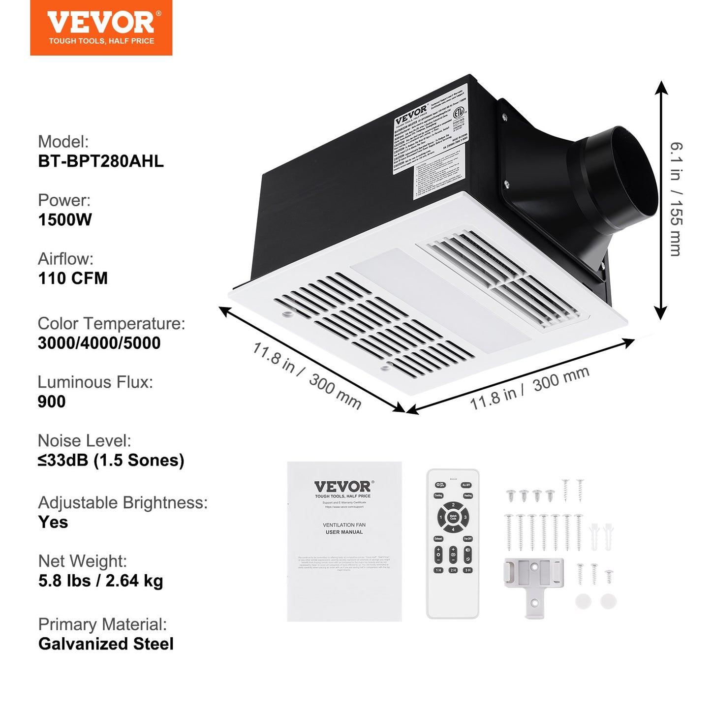 Bathroom Exhaust Fan, 1500W Heating, 110 CFM High-Efficiency Ventilation, 1.5sones Low Noise Operation, Energy-Saving Bathroom Ceiling Fan, Need For Attic Access, For Various Ceilings