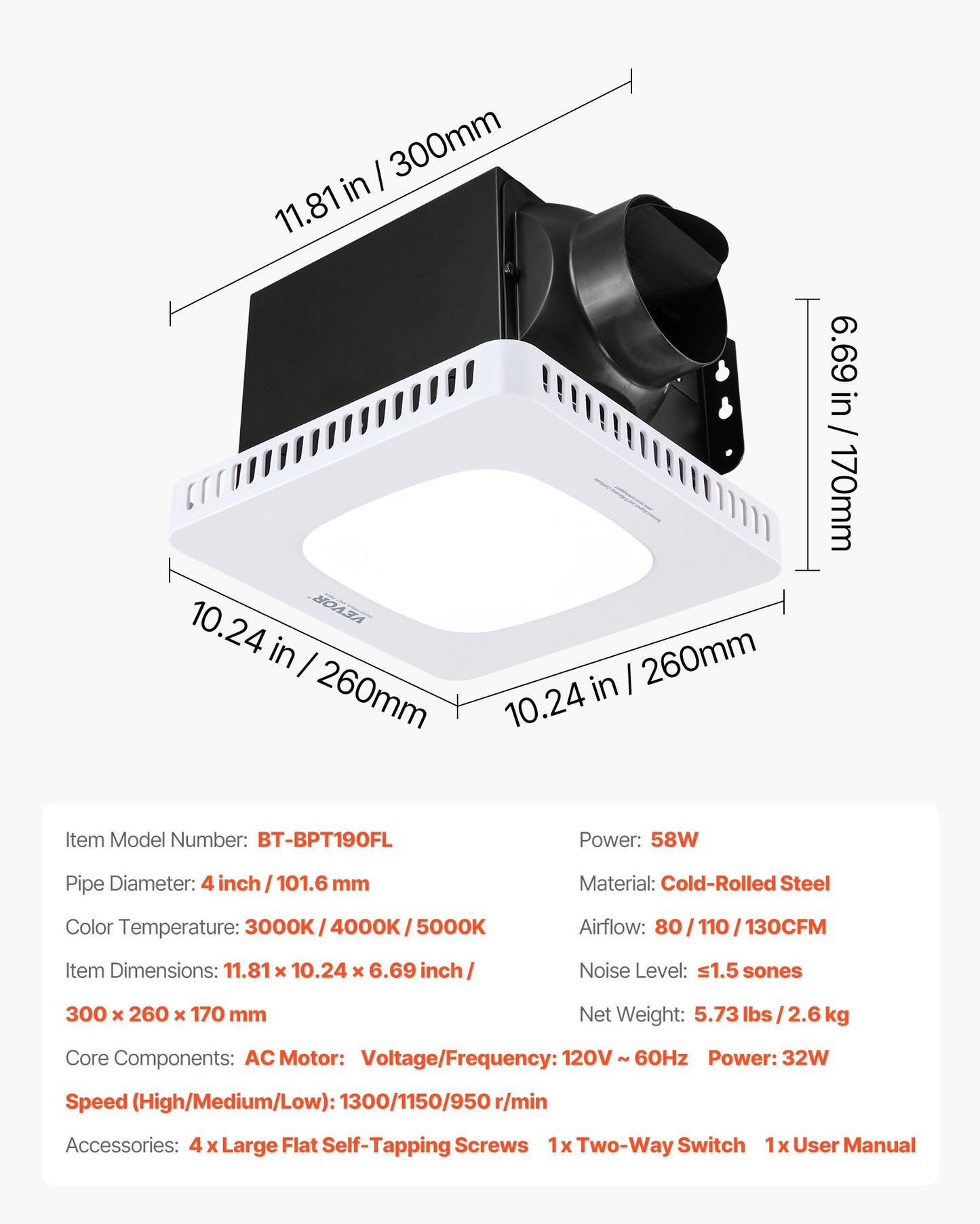 Bathroom Exhaust Fan with LED Light, 80-110-130 CFM Bathroom Vent Three Gear Color Temp, 1.5 Sones Low-Noise, Premium AC Motor Ceiling Fan for Laundry Room, Storage Room, Home Ventilation, White