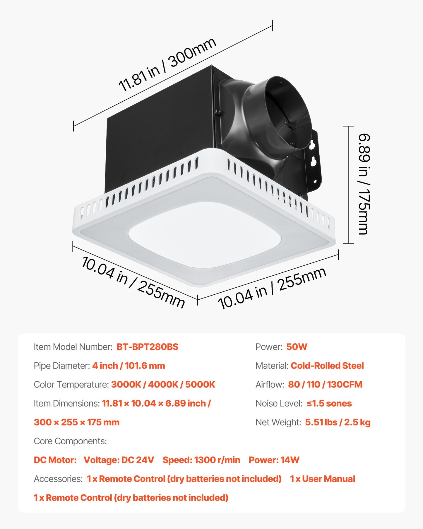 Bathroom Exhaust Fan, 80-110-130 CFM Bathroom Vent with Seven Colors RGB Lights, 1.5 Sones Low-Noise, Premium DC Motor Ceiling Fan for KTV Laundry Room, Storage Room, Ventilation, White