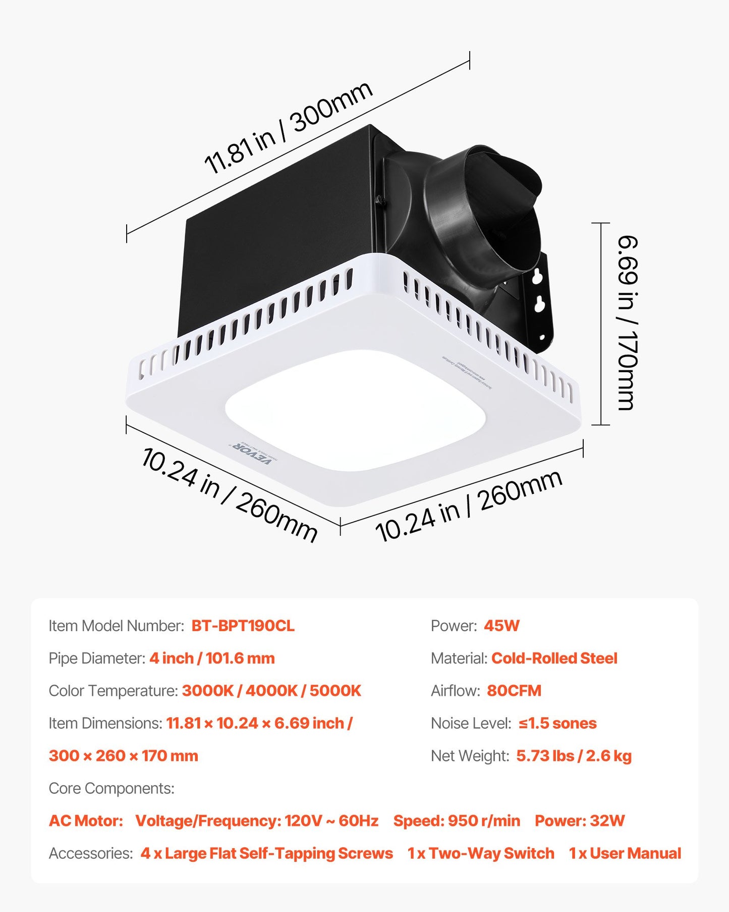 Bathroom Exhaust Fan with LED Light, 80 CFM Bathroom Vent Three Gear Color Temp, 1.5 Sones Low-Noise, Premium AC Motor Ceiling Fan for Laundry Room, Storage Room, Home Ventilation, White