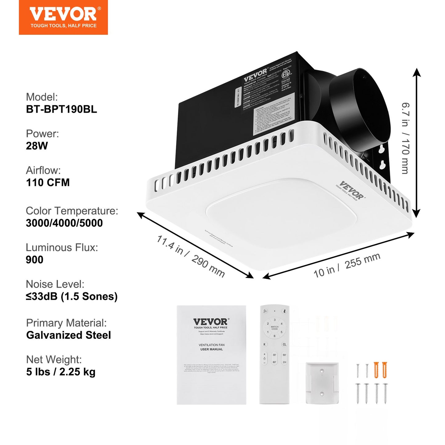 Bathroom Exhaust Fan, 110 CFM High-Efficiency Ventilation, 1.5sones Low Noise Operation All-Copper Motor, Energy-Saving Bathroom Ceiling Fan, No Need For Attic Access, For Various Ceilings