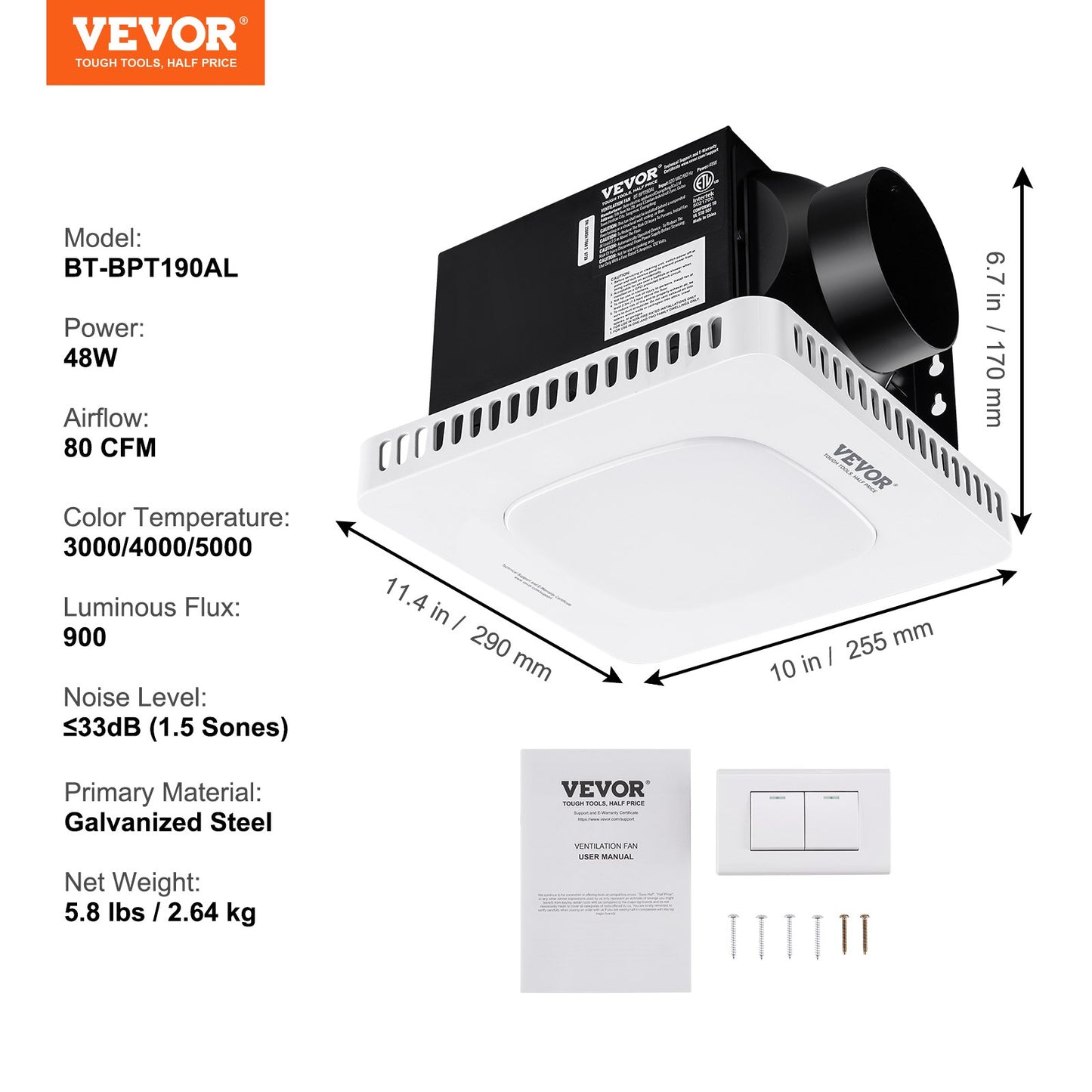 Bathroom Exhaust Fan, 80 CFM High-Efficiency Ventilation, 1.5sones Low Noise Operation All-Copper Motor, Energy-Saving Bathroom Ceiling Fan, No Need For Attic Access, For Various Ceilings
